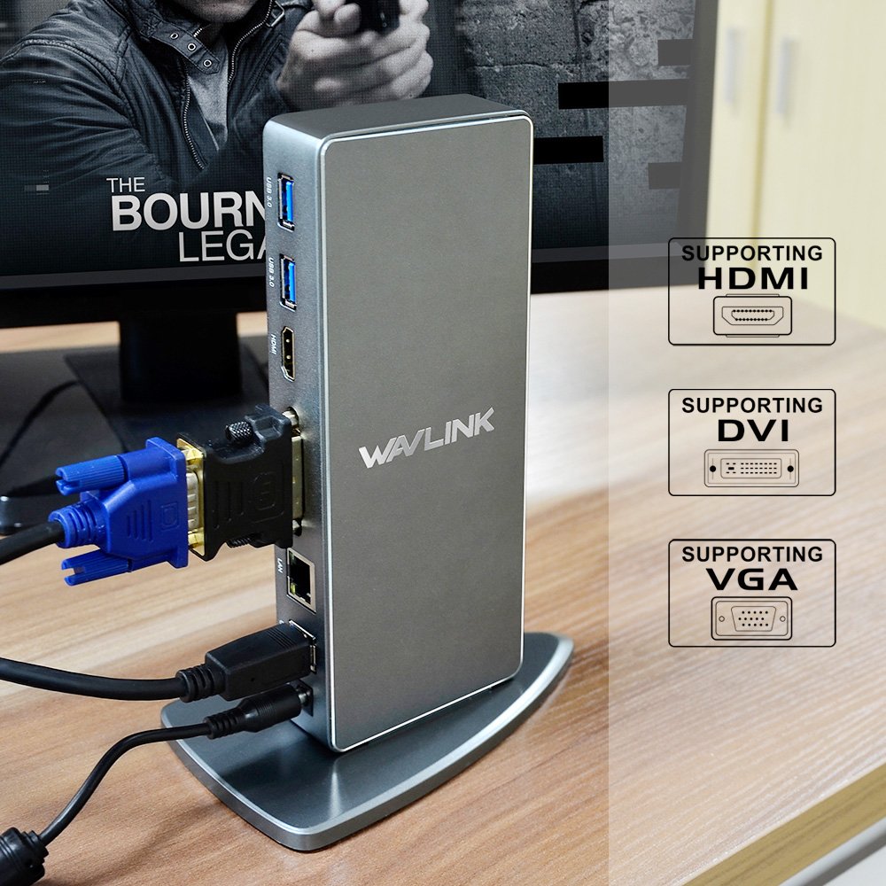 WAVLINK USB 3.0/USB C Universal Docking Station - Dual HDMI/VGA/DVI Video Outputs, 6 USB 3.0 Ports, Gigabit Ethernet - Compatible with Laptop, PC, Mac - Aluminum 1080P Dual Monitor Hub for Home Office & Remote Work