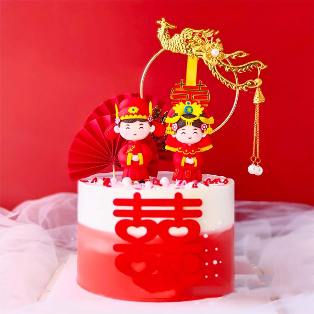 Bestoyard 2pcs Chinese Style Wedding Cake Toppers - Red Bride and Groom Figurines for Wedding Decorations, Anniversary, Engagement Party, and Romantic Couple Home Decor