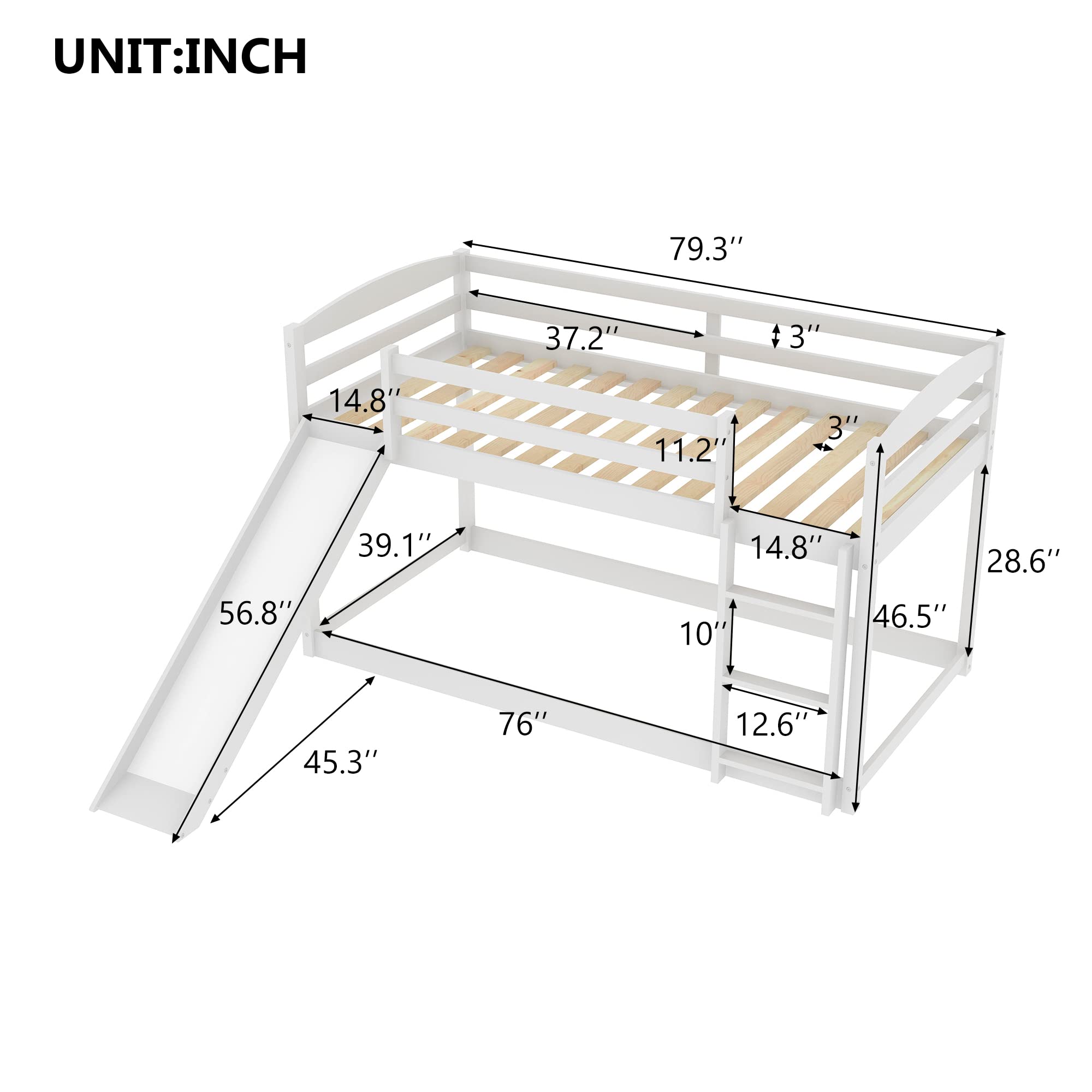 Harper & Bright Designs Low Bunk Bed with Slide - Twin Over Twin Wooden Bunk Bed with Ladder for Kids & Toddlers - White - Perfect for Small Bedrooms, Playrooms & Shared Kids' Spaces
