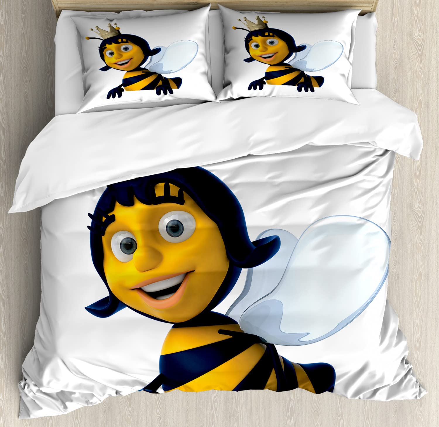 Ambesonne Queen Bee Duvet Cover Set - 3D Printed Queen Bee Crown Design, 2-Piece King Size Bedding Set with 4 Pillowcases (Earth Yellow & Royal Blue) - Perfect for Beekeepers, Nature Lovers & Unique Home Decor