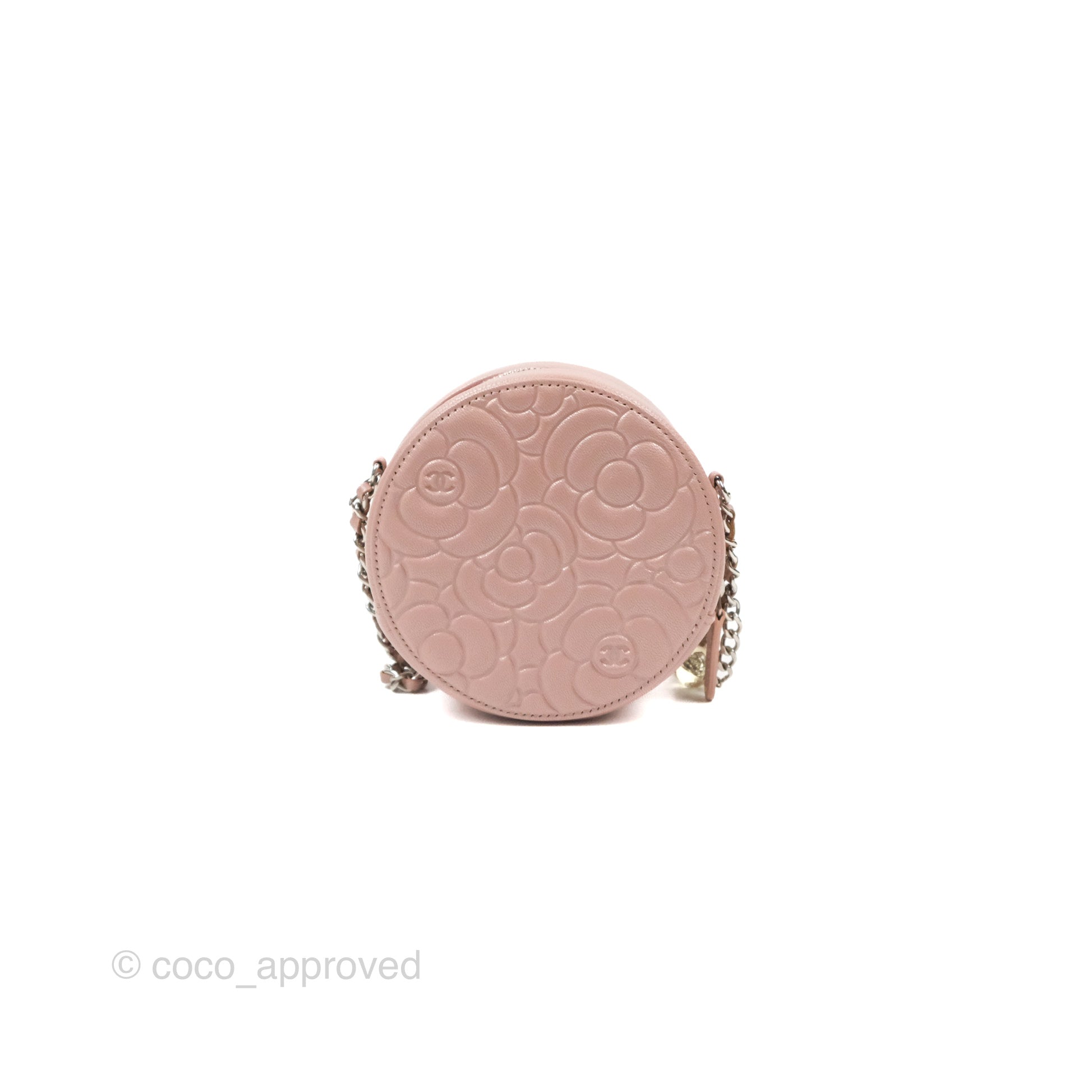 Chanel Camellia Embossed Round Clutch Bag with Chain - Iridescent Light Pink Goatskin Leather & Silver Hardware | Evening Party, Wedding, Special Occasion Accessory