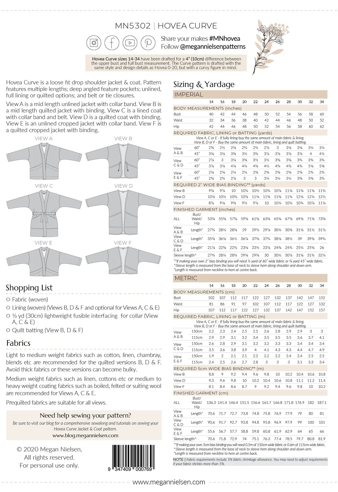 Megan Nielsen Hovea Curve Jacket & Coat Sewing Pattern - Size 14 (US 30) - DIY Women's Outerwear for Fall & Winter Fashion