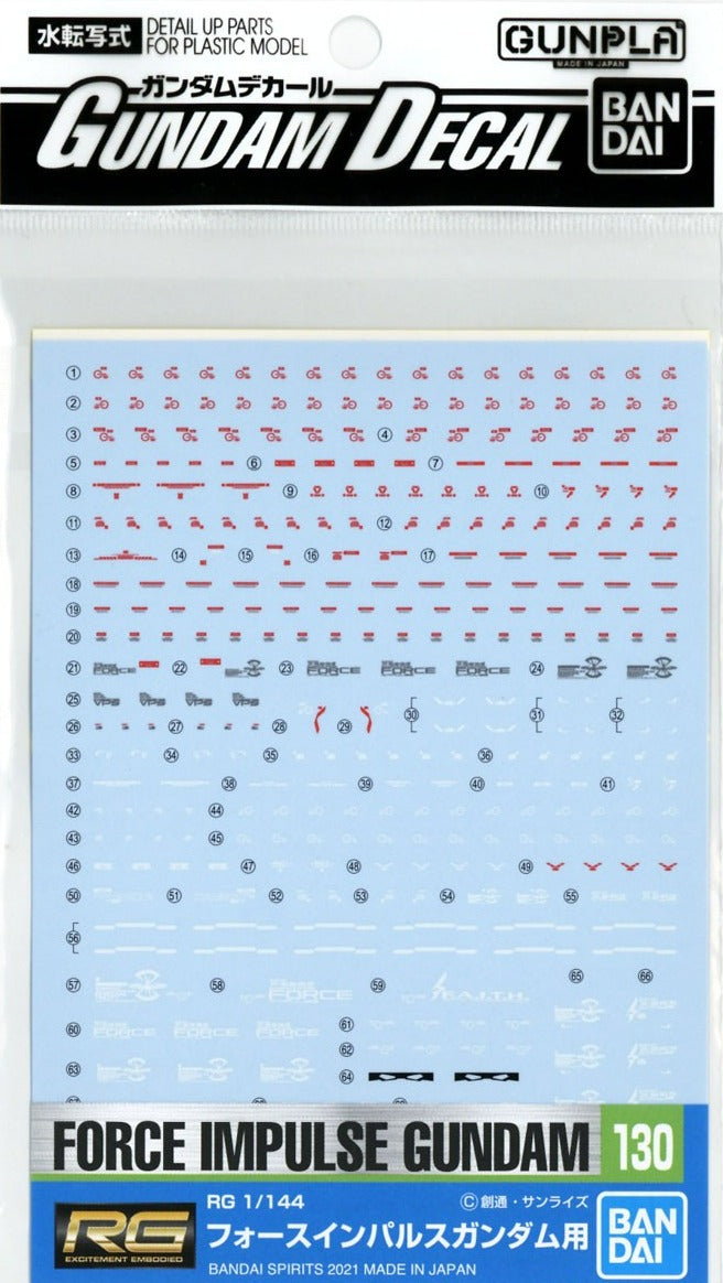 Bandai Gundam Water Slide Decals #130 for RG 1/144 Force Impulse Gundam Model Kit - Premium Transfer Decals for Gundam Builders & Collectors