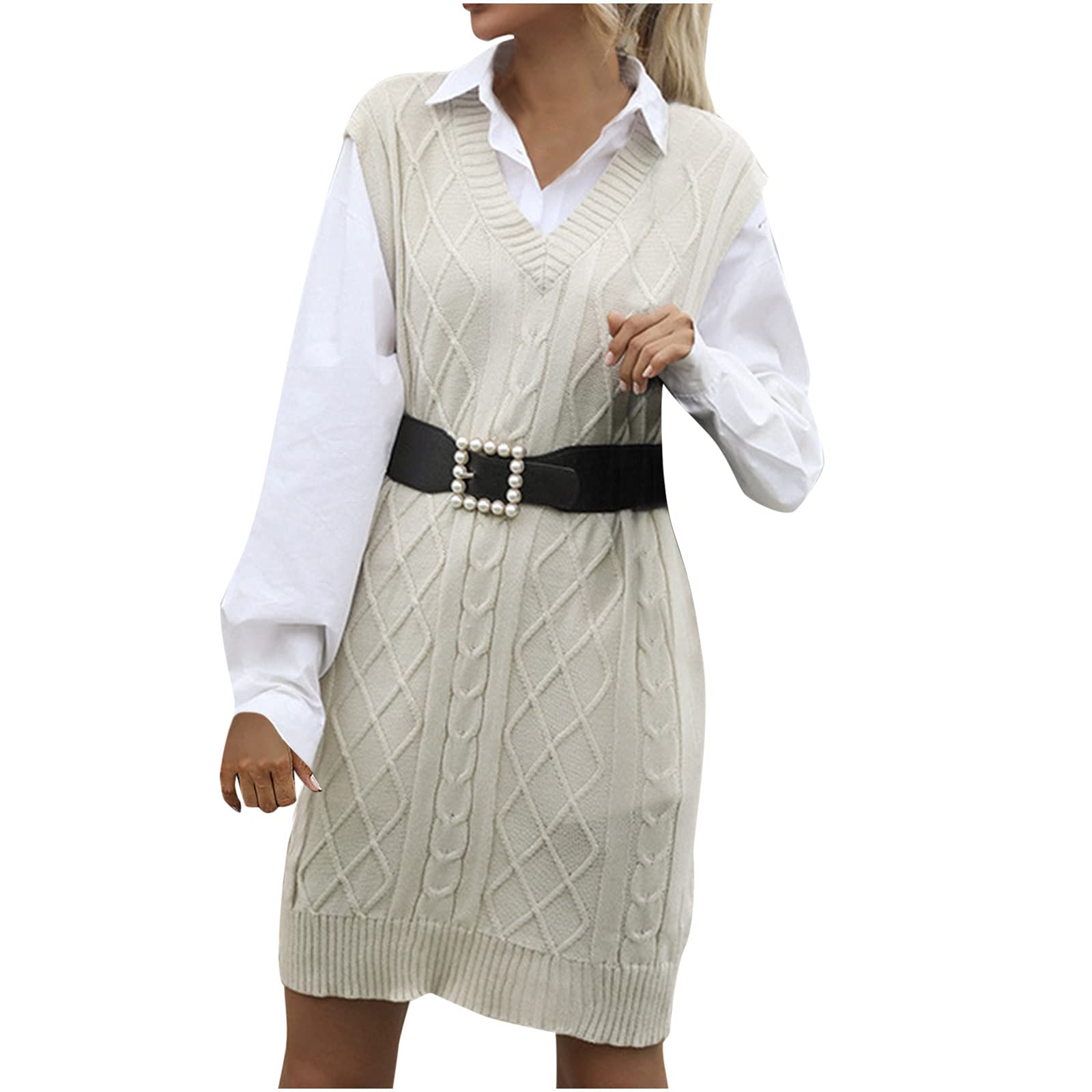 Women's Sleeveless Waffle Knit Crewneck Vest Dress with Belt - Casual Midi Tunic Top for Office Wear, Date Night & Fall Layering