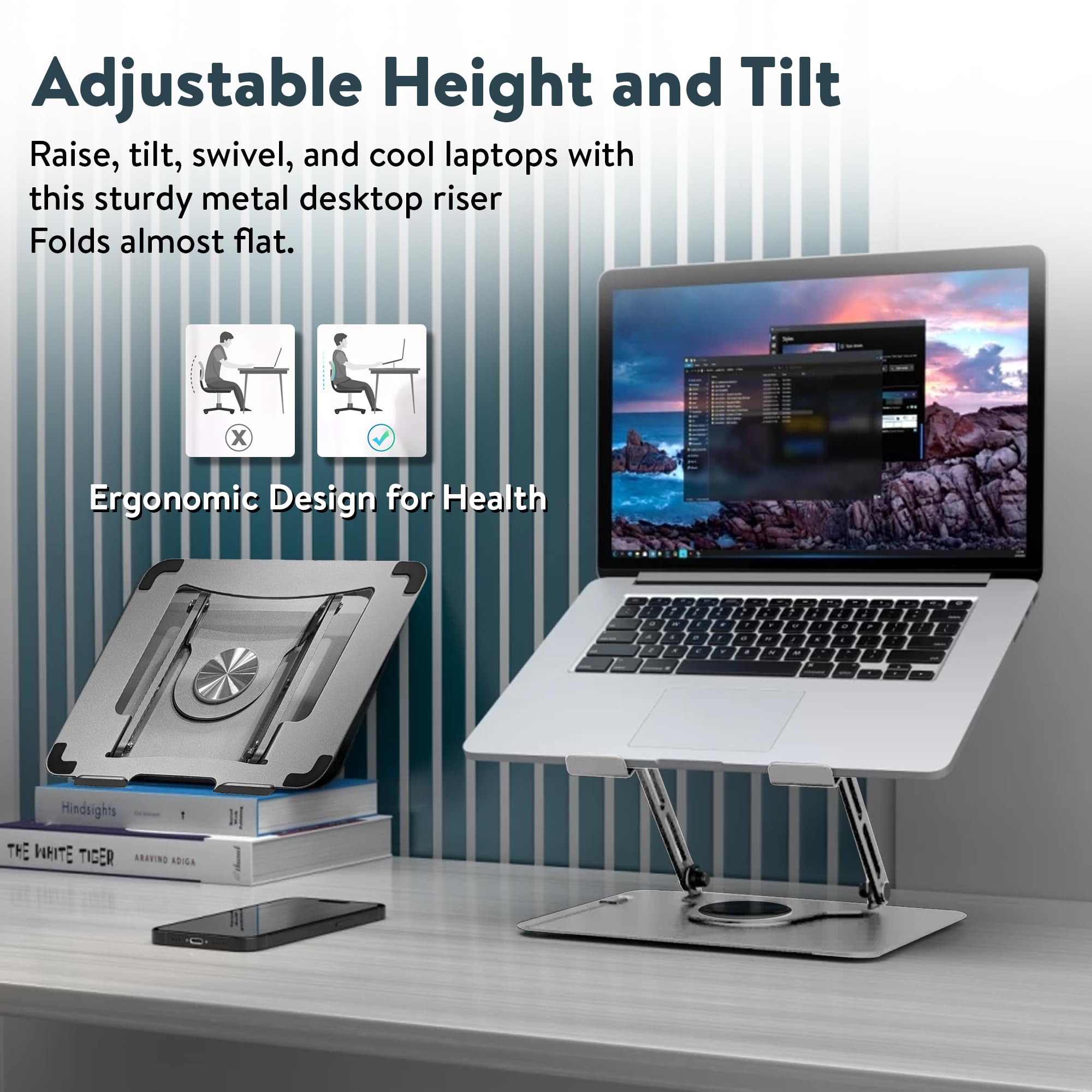 360° Rotating Adjustable Laptop Stand for Desk - Ergonomic Swivel Laptop Riser with Cooling Function - Silver - Perfect for Home Office, Gaming & Study Setup