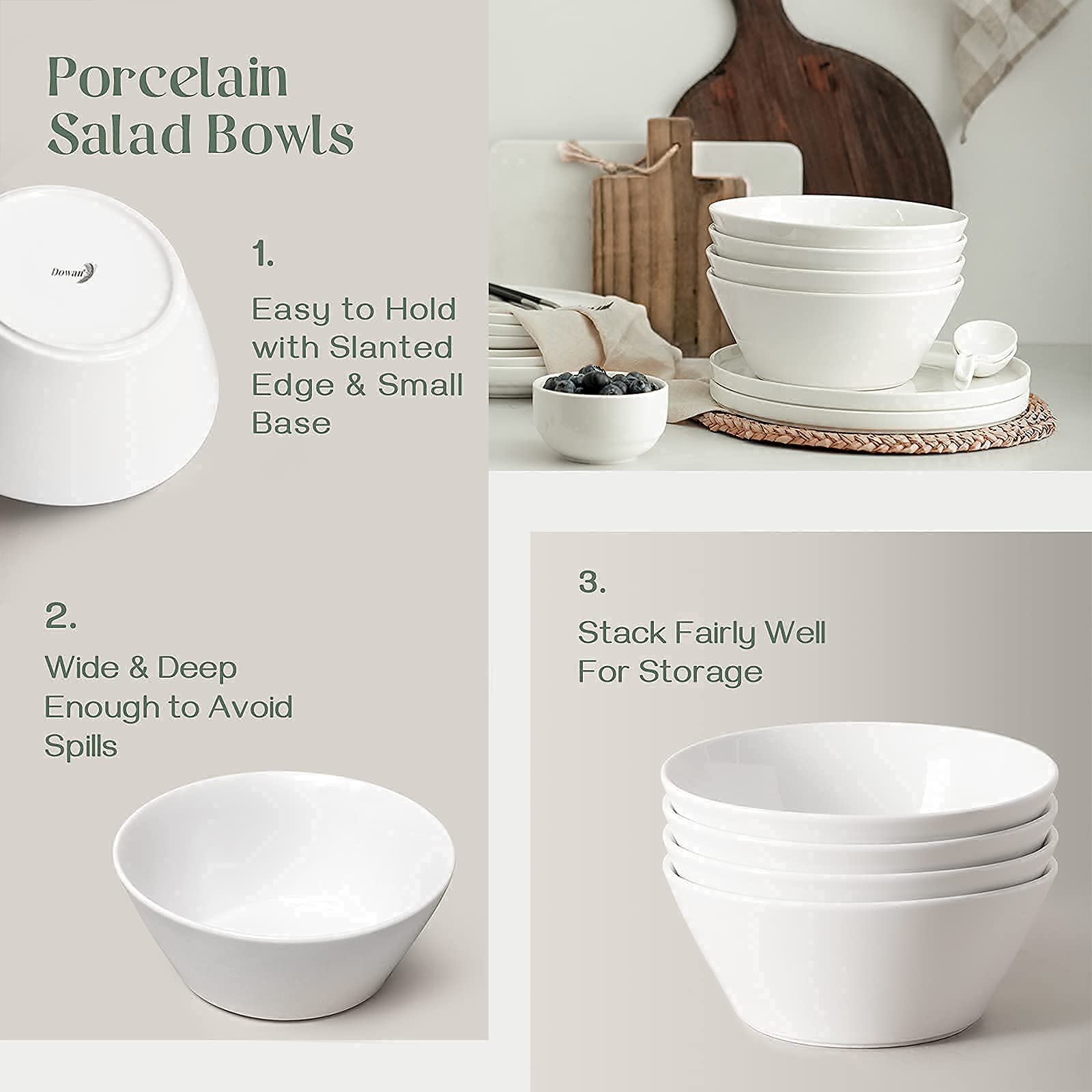 DOWAN 32 Oz Soup Bowls & 58.5 Oz Large Salad Bowls Set of 8 - Premium Porcelain Dinnerware for Soup, Salad, Pasta, Cereal - Perfect for Family Meals, Parties, Restaurants & Everyday Use