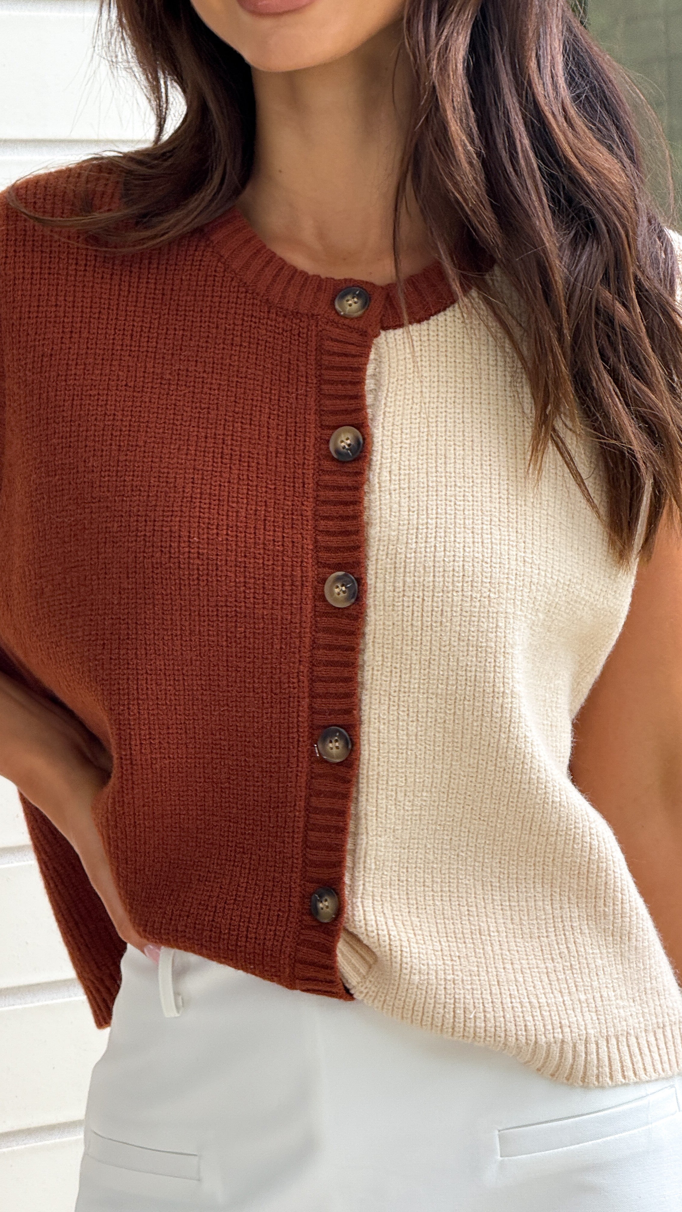 Keisha Knit Button Up Vest for Women - Soft & Stylish Brown/Cream Cardigan - Perfect for Layering in Fall & Winter