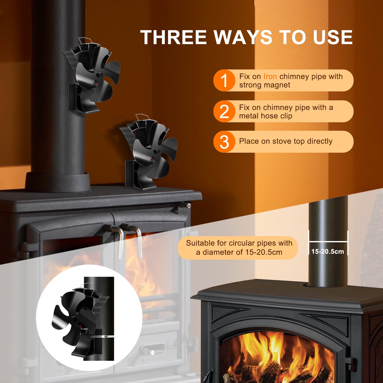 VODA 3-in-1 Wood Stove Fan with 4 Blades - Heat Powered Magnetic Fan for Fireplace, Camping & Home Heating - Eco-Friendly & Silent Operation