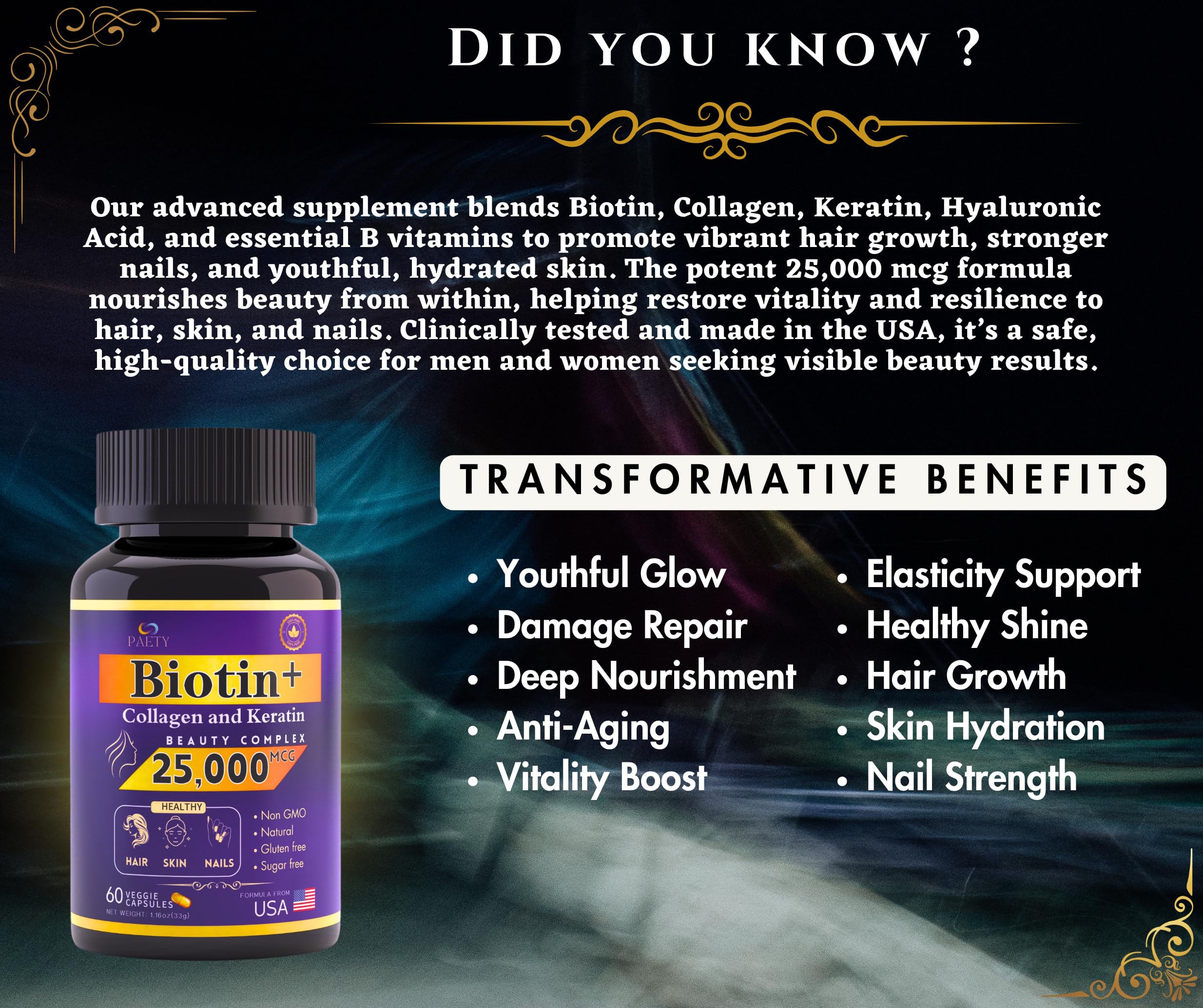 Biotin Collagen Keratin Complex 25000mcg with Hyaluronic Acid & B Vitamins - Clinically Proven Hair Skin & Nails Supplement - 60 Capsules for Women & Men - Promotes Healthy Hair Growth, Glowing Skin & Strong Nails - Perfect for Daily Beauty Routine & Anti-Aging Care