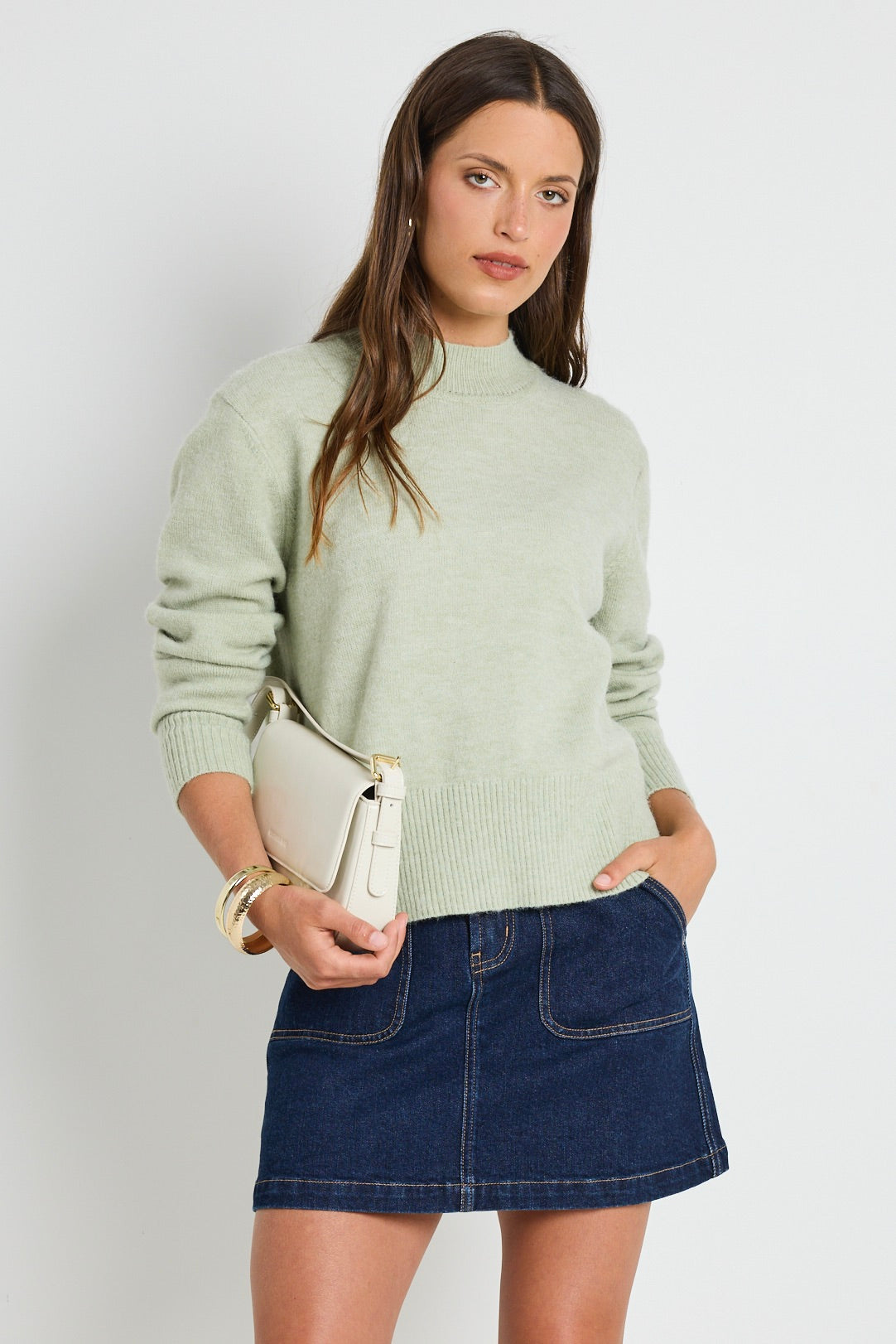 Cloud Sage Funnel Neck Knit Jumper for Women - Soft Chunky Sweater Winter Pullover | Cozy Casual Outfit for Office, Date Night & Fall Fashion
