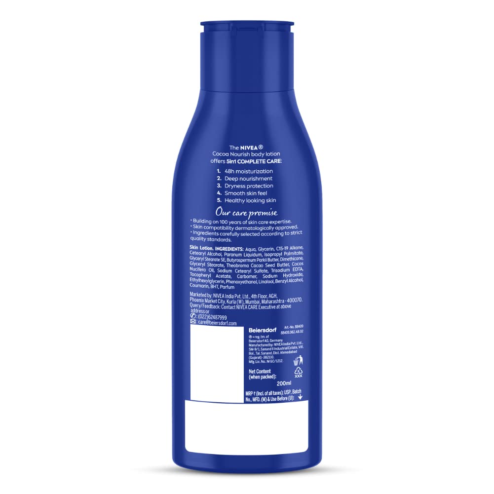 NIVEA Cocoa Nourish 200ml Body Lotion with Deep Moisture Serum | 48 Hour Hydration | Enriched with Cocoa Butter & Coconut Oil | Non-Greasy Formula for Healthy Skin | Best for Very Dry Skin | Perfect for Daily Moisturizing & Winter Skin Care