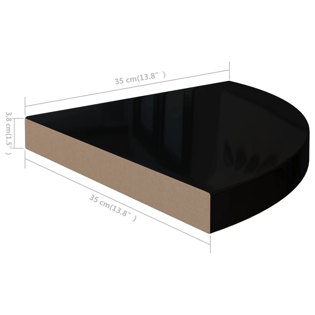 Modern Floating Corner Shelf - High Gloss Black MDF Wall Mounted Storage (13.8