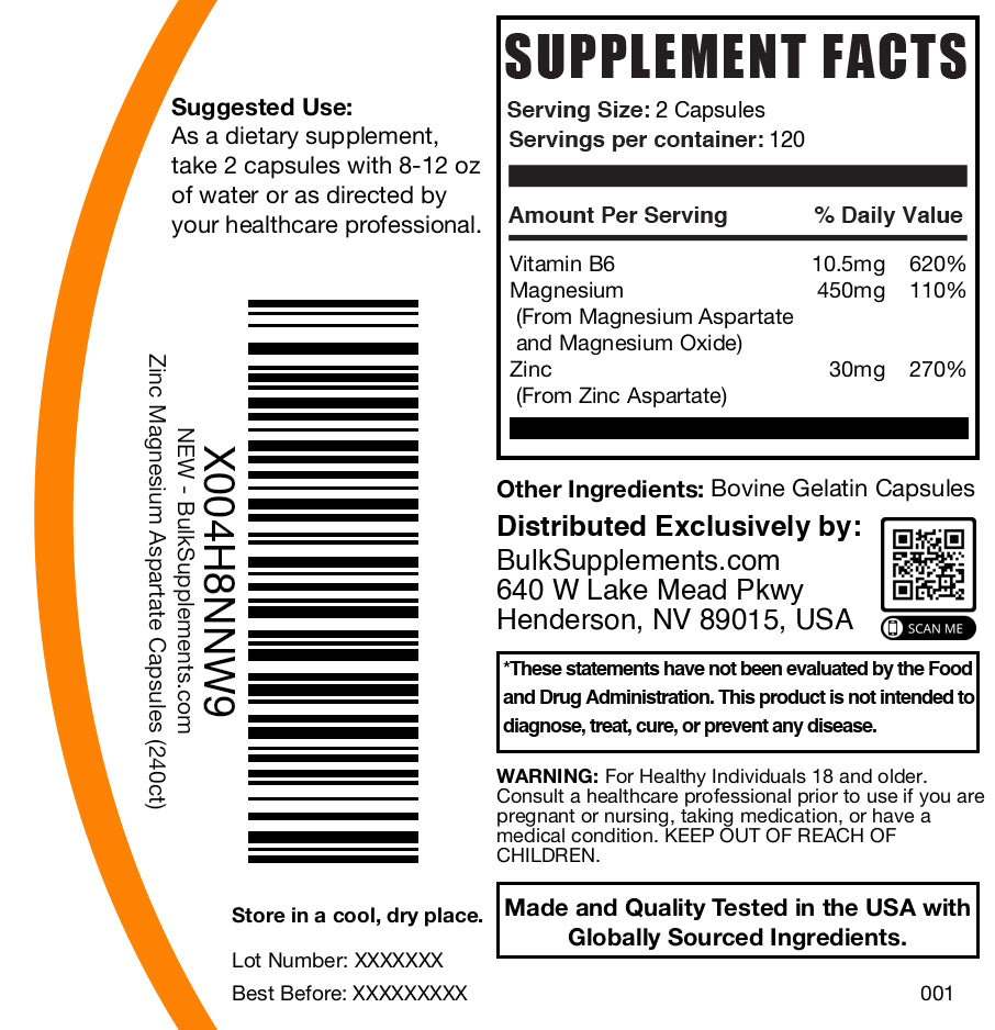 Premium Zinc Magnesium Aspartate Supplement Capsules - 120 Count for Immune Support, Muscle Recovery & Stress Relief - Vegan, Non-GMO - Post-Workout & Daily Wellness Boost