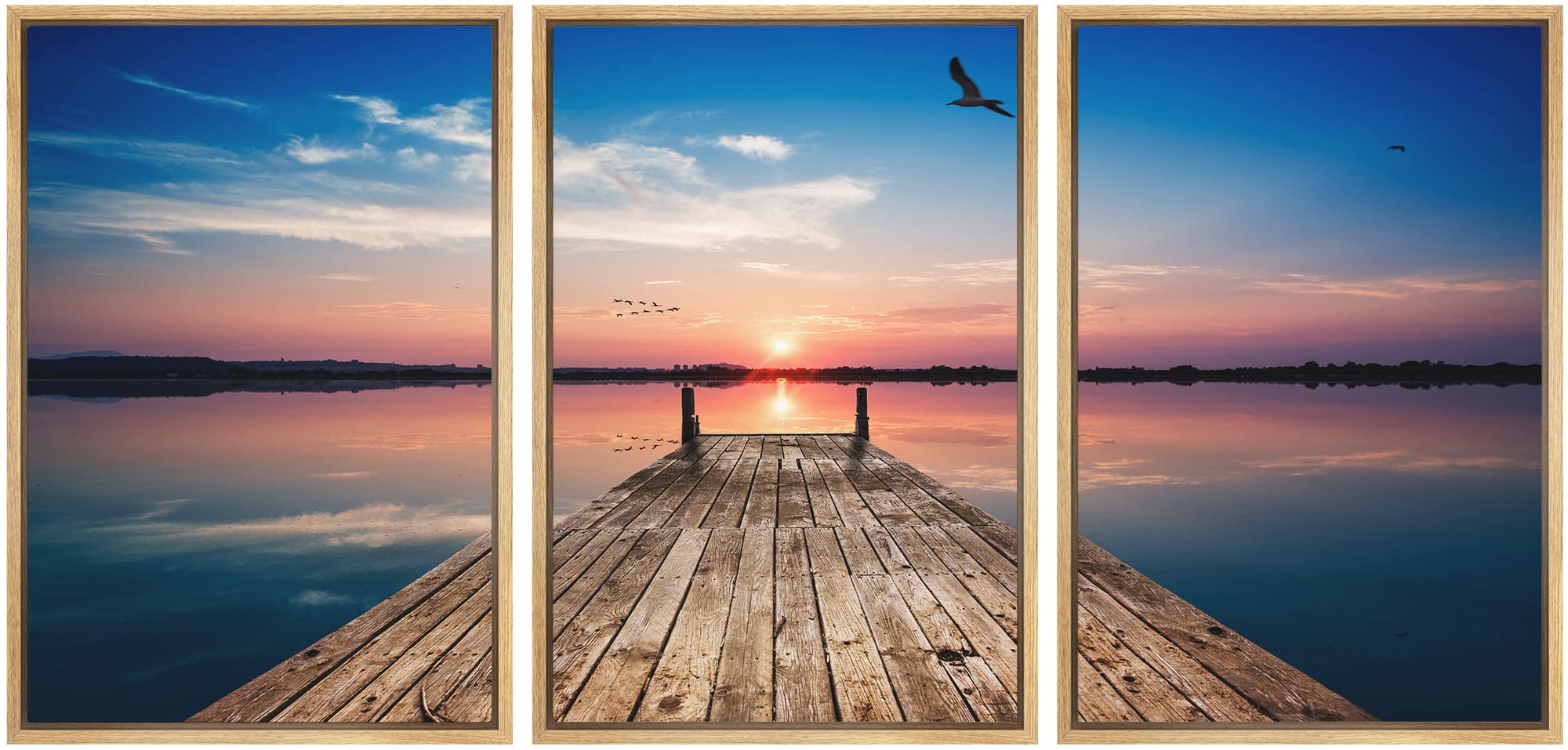 Wall26 Wooden Pier at Sunset Framed Canvas Wall Art - 16x24 Inches, Natural Wood Frame - Perfect for Living Room, Bedroom & Office Decor