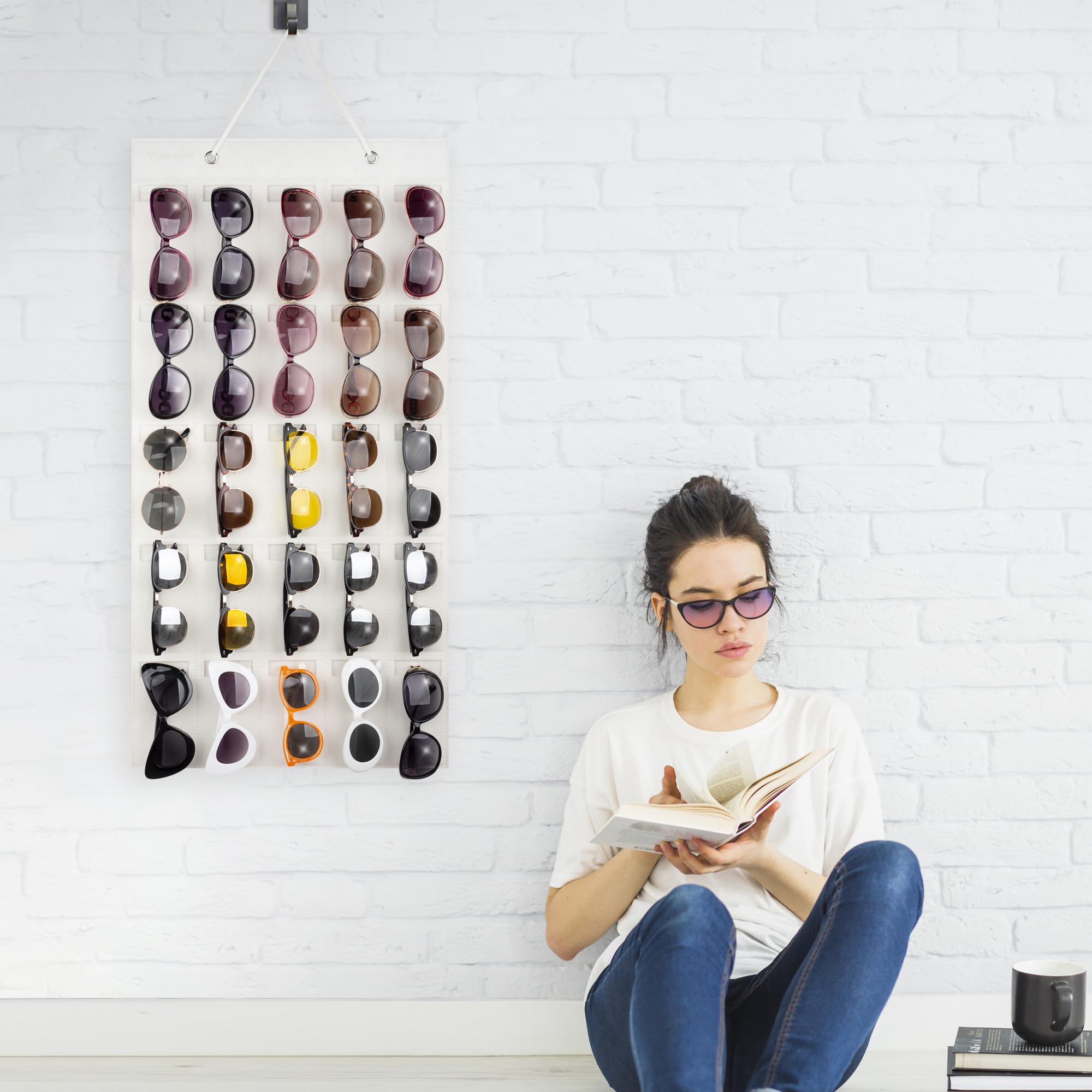PACMAXI 25-Slot Sunglasses Storage Organizer - Wall Mounted Eyeglass Holder for Glasses & Sunglasses Display (Ivory White) | Perfect for Bedroom, Bathroom, Closet & Retail Store Organization