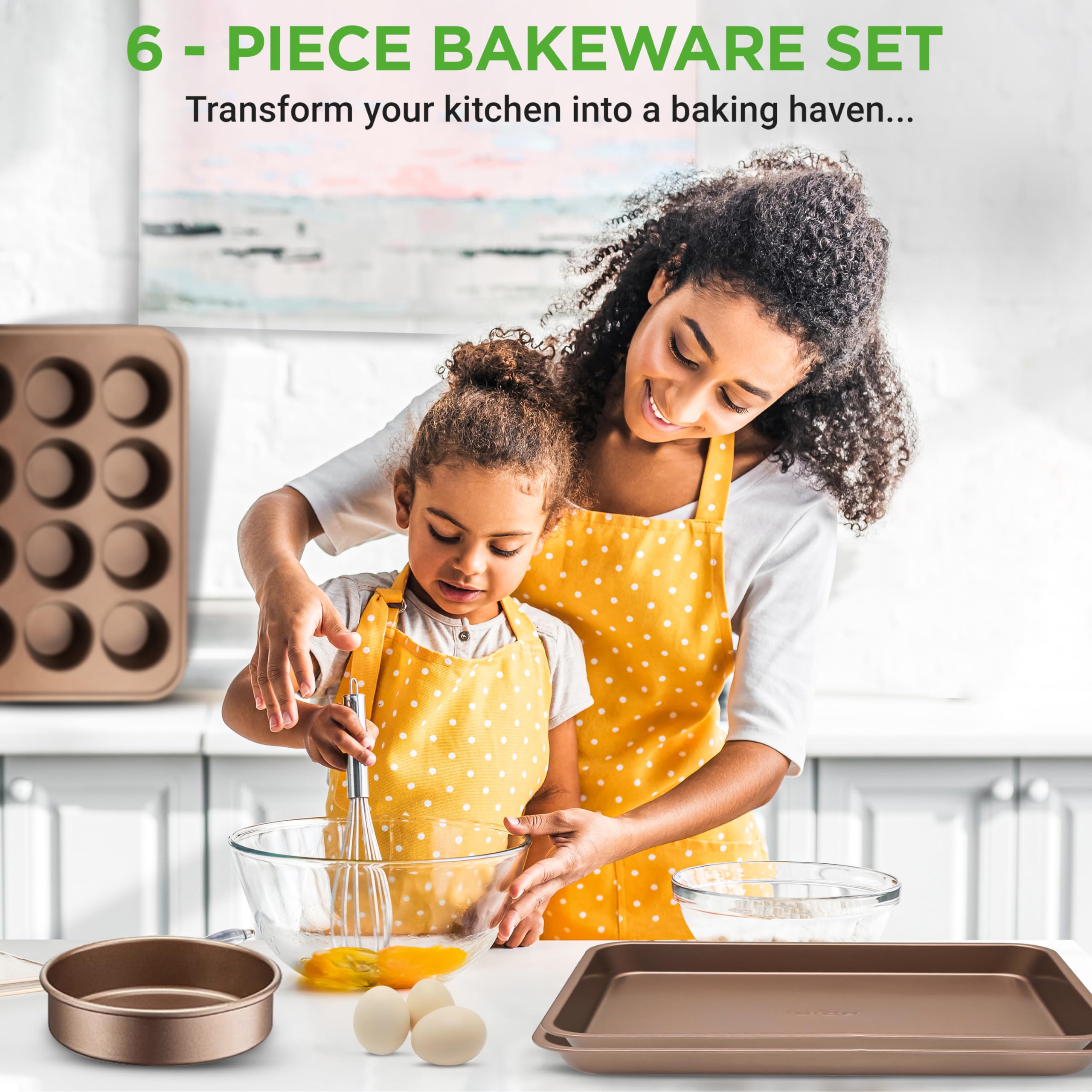 NutriChef 6-Piece Nonstick Bakeware Set - Carbon Steel Baking Pans with Cookie Sheets, Square Pan, Loaf Pan, Round Cake Pan & Muffin Tin - Gold Kitchen Essentials for Baking Cookies, Bread, Cakes & Cupcakes at Home