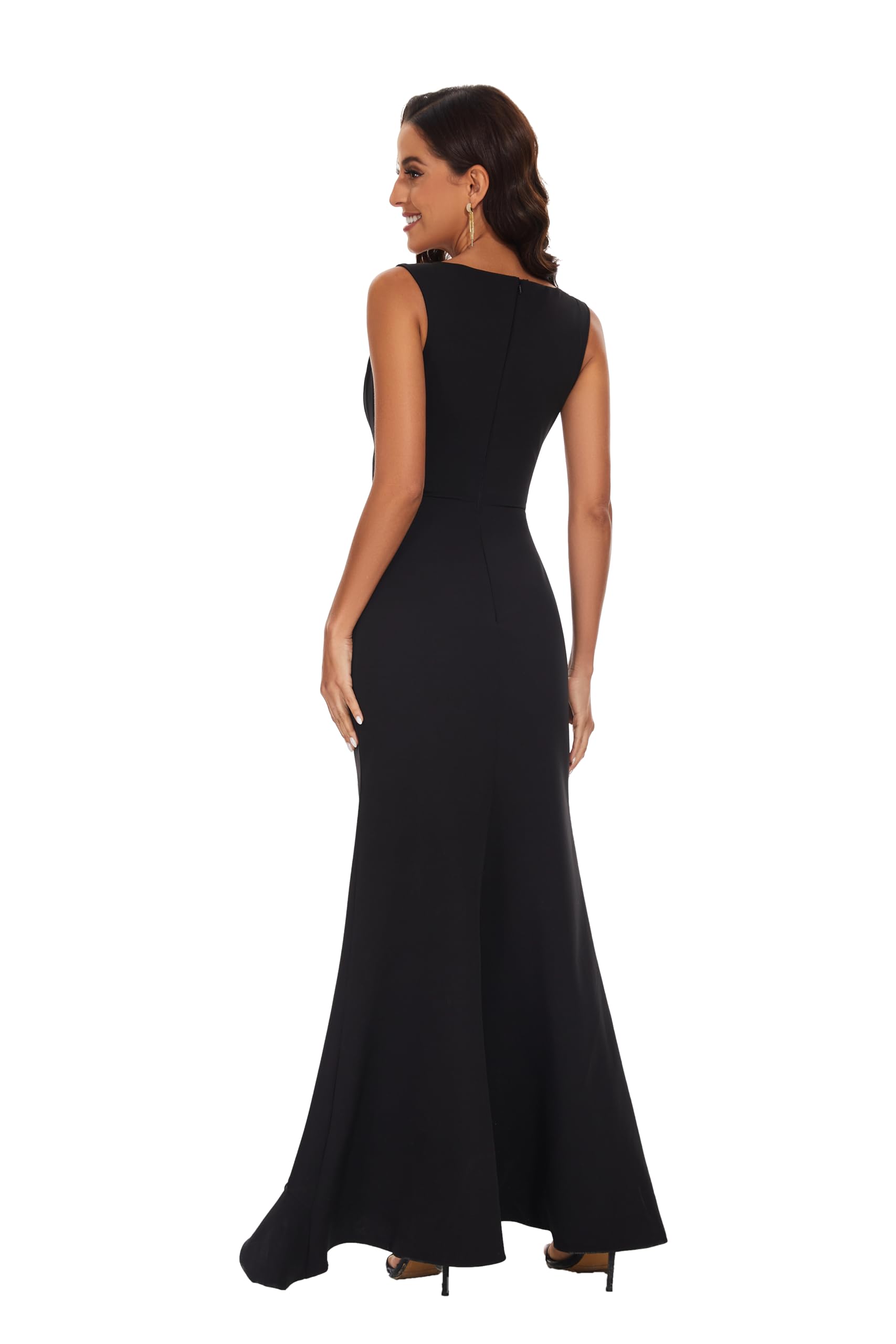 Elegant Long Black Formal Dress for Women - Plunging V-Neck Sleeveless Ruffle Maxi Dress for Wedding Guest & Bridesmaid | Perfect for Cocktail Parties, Evening Events & Special Occasions