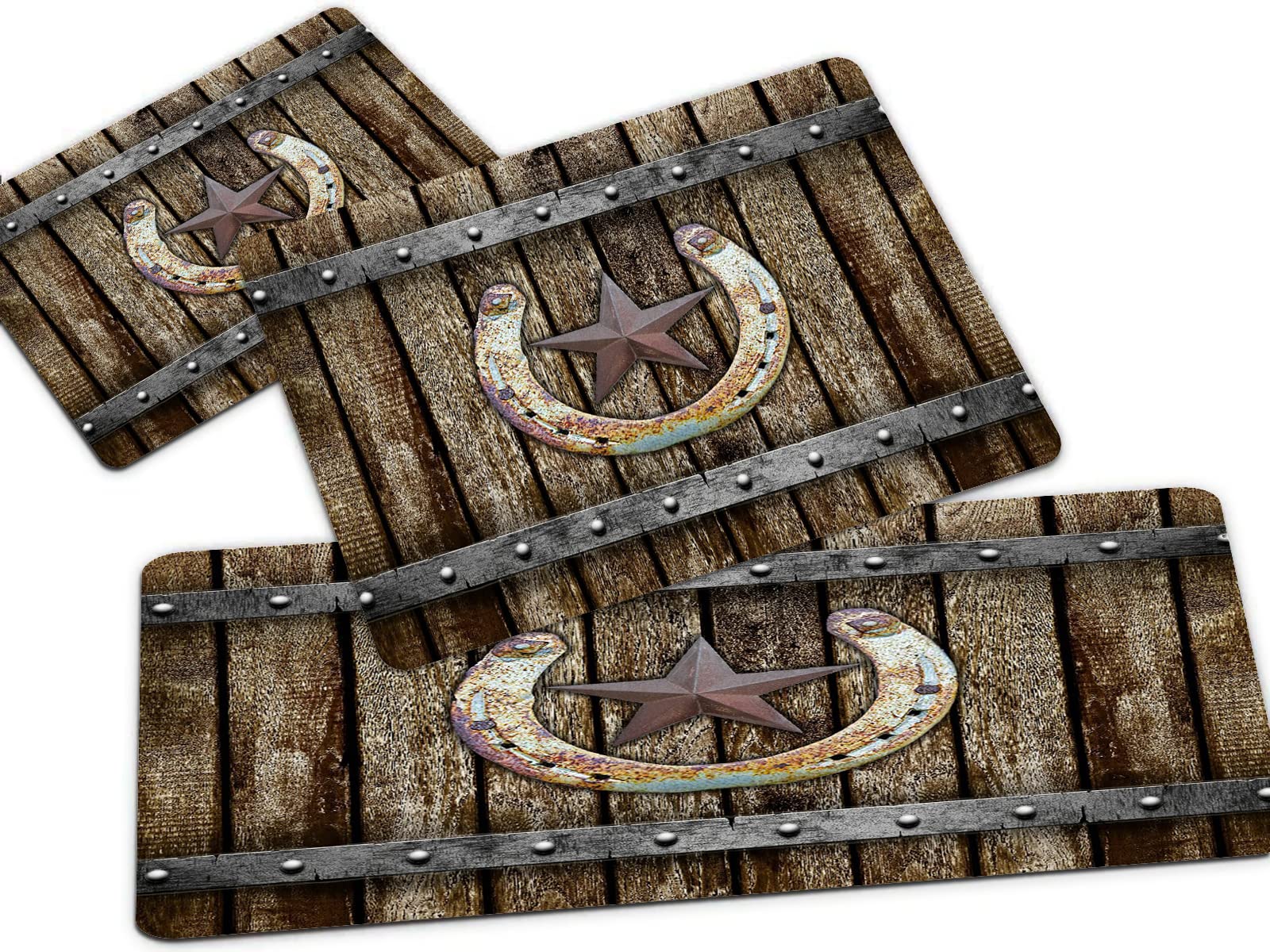 Non-Slip Kitchen Mat Set of 3 - Rustic Farmhouse Style with Horseshoe & Texas Star Design - Vintage Western Country Cabin Floor Mats for Kitchen, Bathroom, Garage & Standing Comfort - Perfect for Farmhouse, Cabin & Western Home Decor