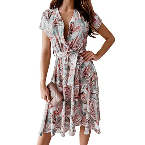 Women's Cute Printed Mini Sundress - Short Sleeve Loose Fit Tunic Dress for Summer & Winter | Beach Casual Wear | Khaki Color Size M | Perfect for Vacations, Dates & Everyday Outfits