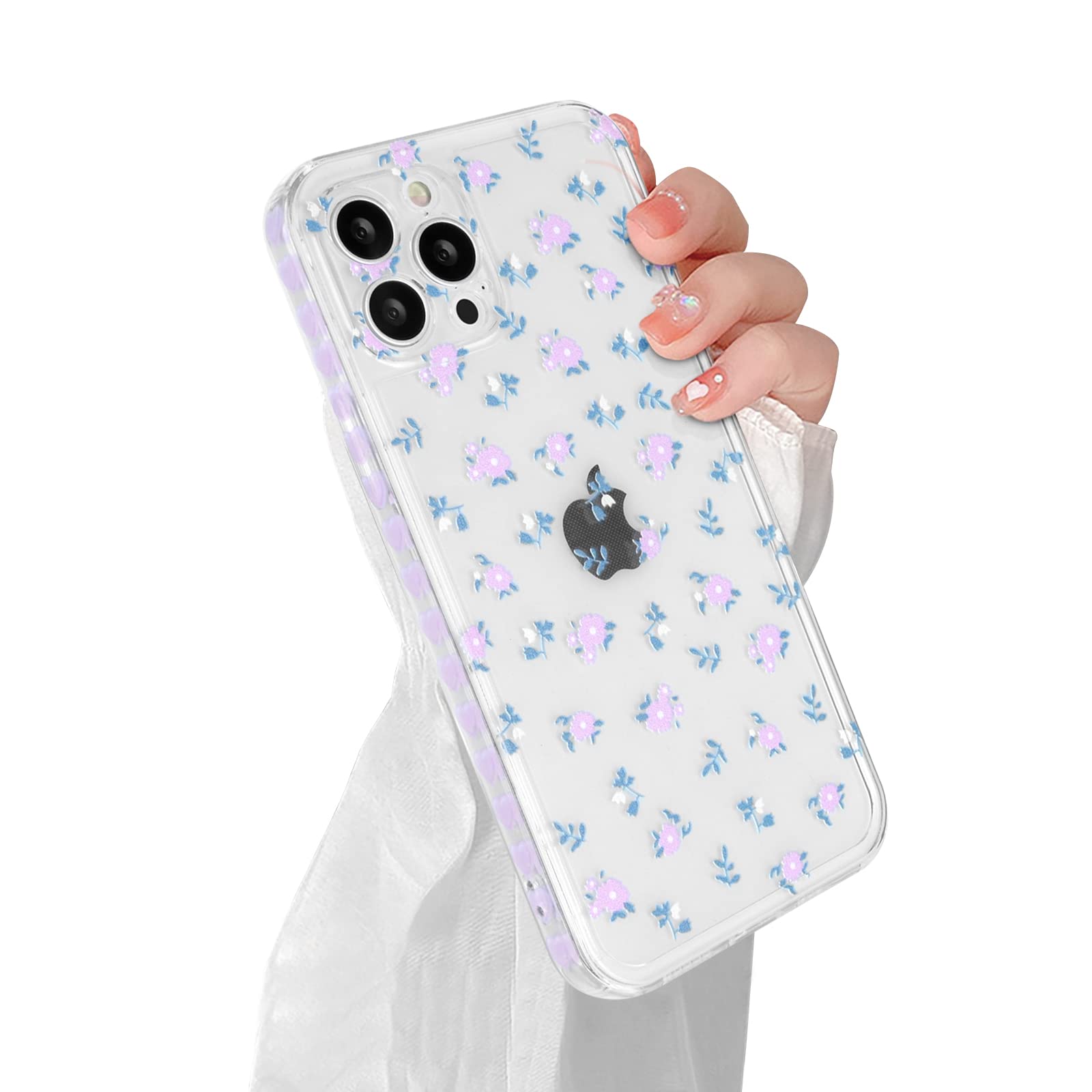 Cute Purple Floral Heart Pattern Soft TPU Silicone Case for iPhone 12 Pro - Slim Shockproof Clear Flexible Cover for Women & Girls | Perfect for Everyday Use, Work & Travel Protection