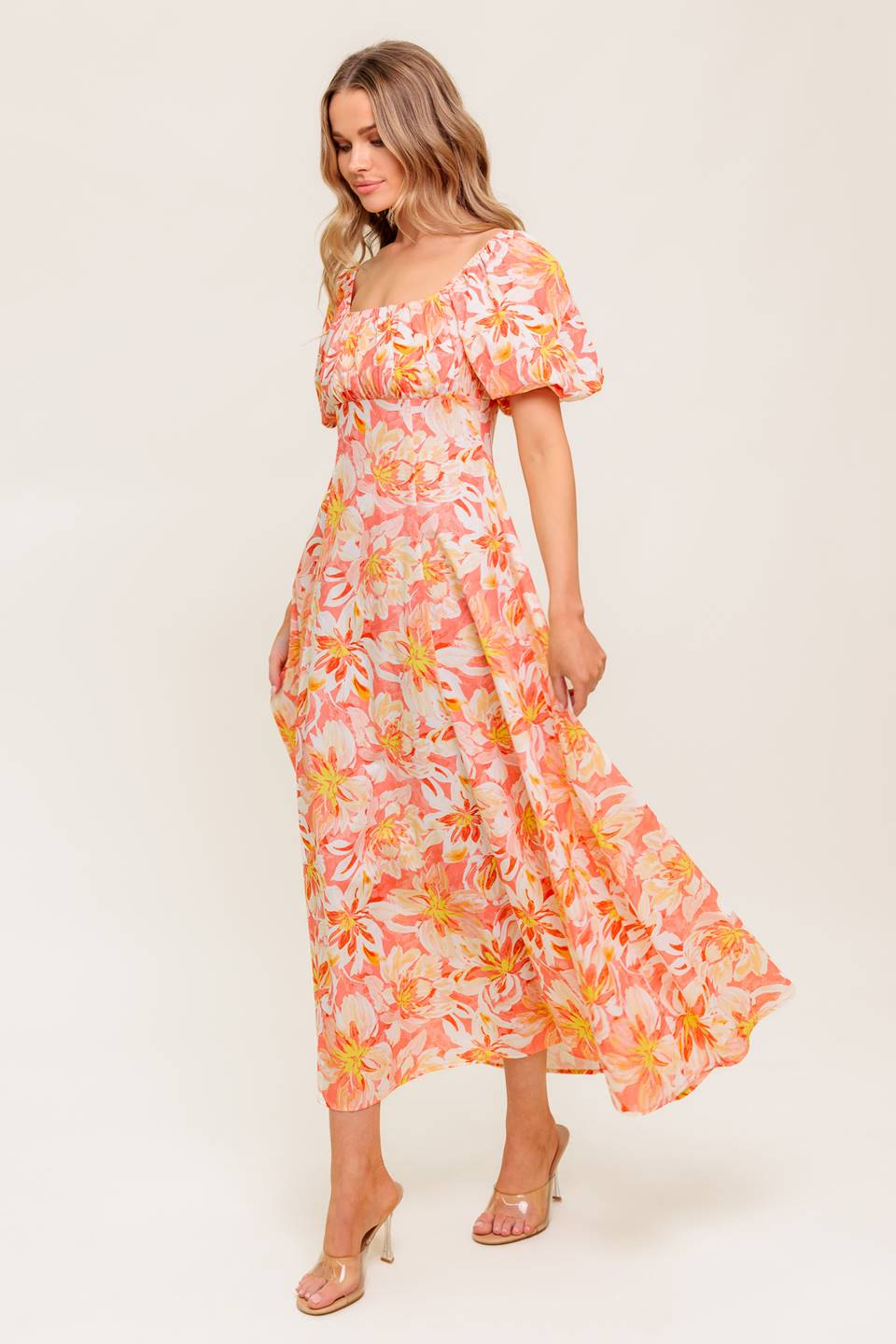 Island Flowers Puff Sleeve Midi Dress in Coral - Perfect for Summer Beach Vacations, Garden Parties & Boho Chic Outfits