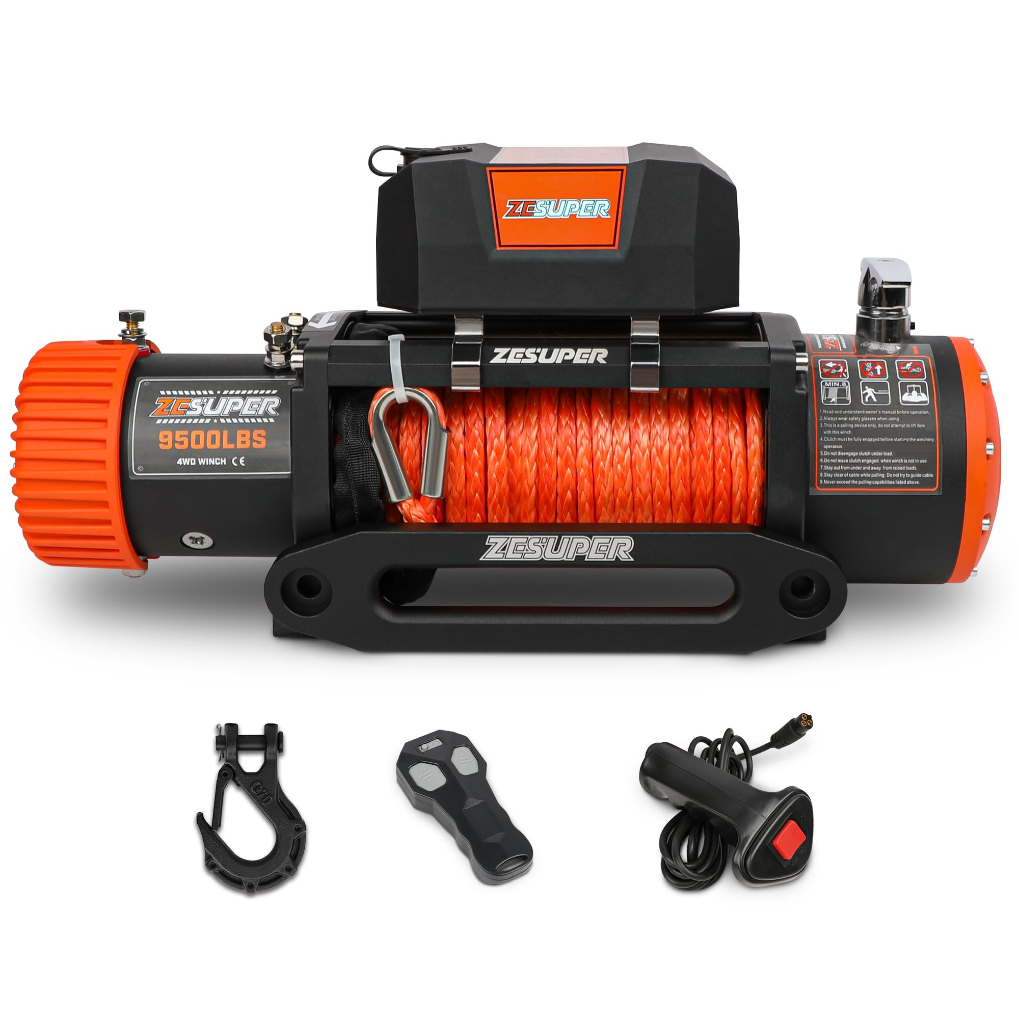 ZESUPER 9500 lb Electric Winch - 12V Heavy Duty Winch with Hawse Fairlead, IP67 Waterproof, Wireless Remote & Wired Handle, Synthetic Rope - Ideal for Off-Roading, Towing, and Marine Applications