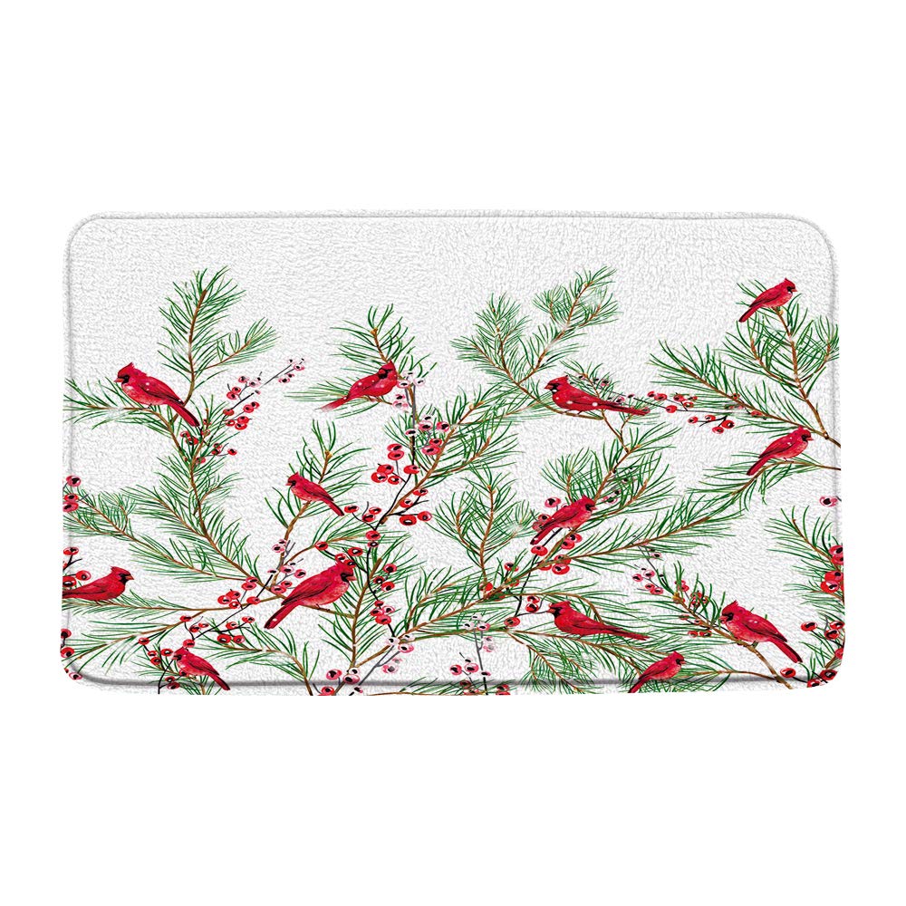 LIVEFUN Christmas Cardinals Bath Mat - Xmas Pine Tree Forest Winter Holiday Decor with Red Birds, Snow Branches, Rustic Wild Hunting Design - Soft Microfiber Memory Foam Bathroom Rug (16x24 + 16x48 Inch) - Perfect for Holiday Home Decor, Cozy Winter Bathroom & Festive Gift Idea