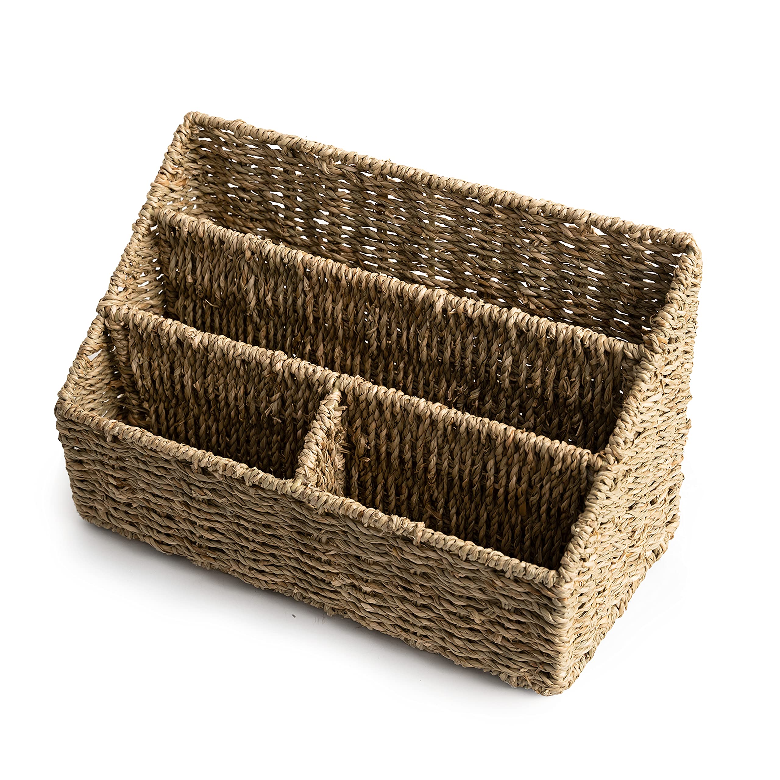 KOLWOVEN Magazine Display Holder - Mail Organizer Countertop - Mail Bill Sorter for Desk & Home - Boho File Storage Rack (Seagrass) - Perfect for Office, Living Room & Entryway Organization
