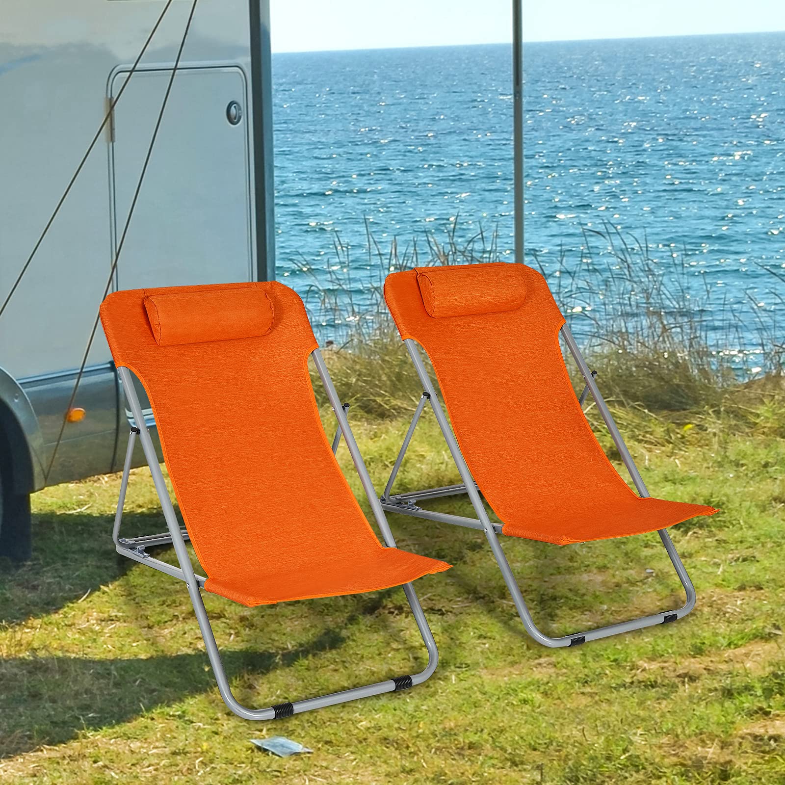 GYMAX 2-Pack Adjustable Beach Chairs for Adults - Portable Folding Lounge Chairs with 3-Level Reclining Backrest & Removable Pillow - Perfect for Beach, Camping, Poolside, Fishing, Backyard & Outdoor Relaxation (Orange)