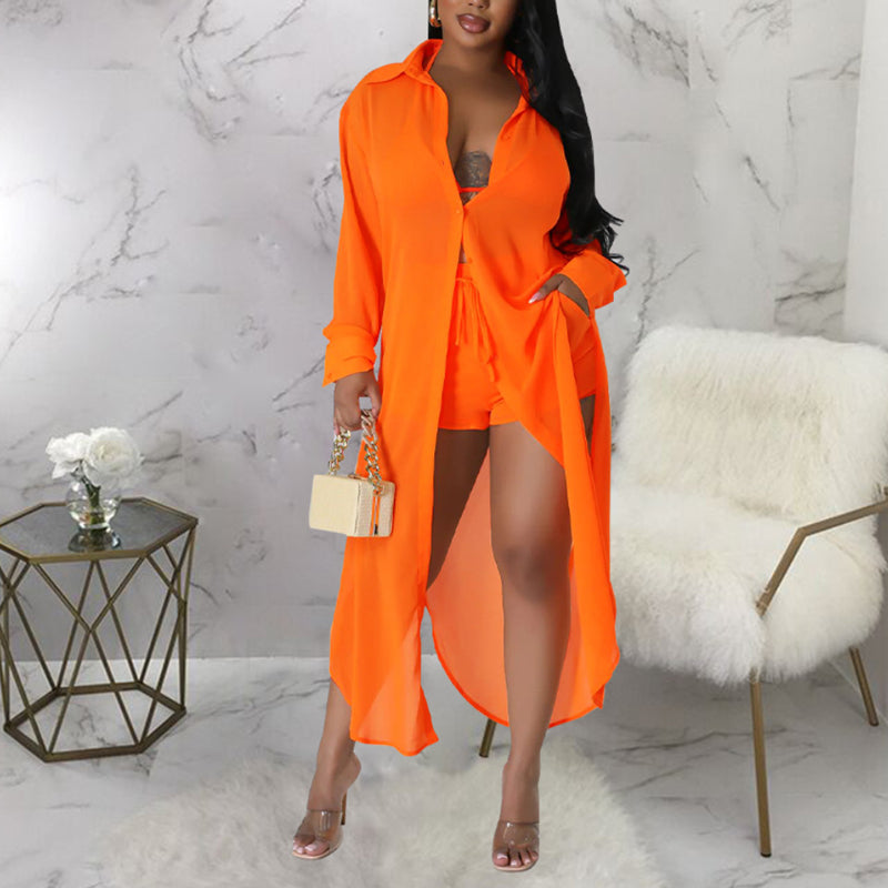 Stylish Solid Color Long Sleeve Shirt & Shorts 2-Piece Set for Women - Casual Summer Outfit, Beachwear, Lounge Wear
