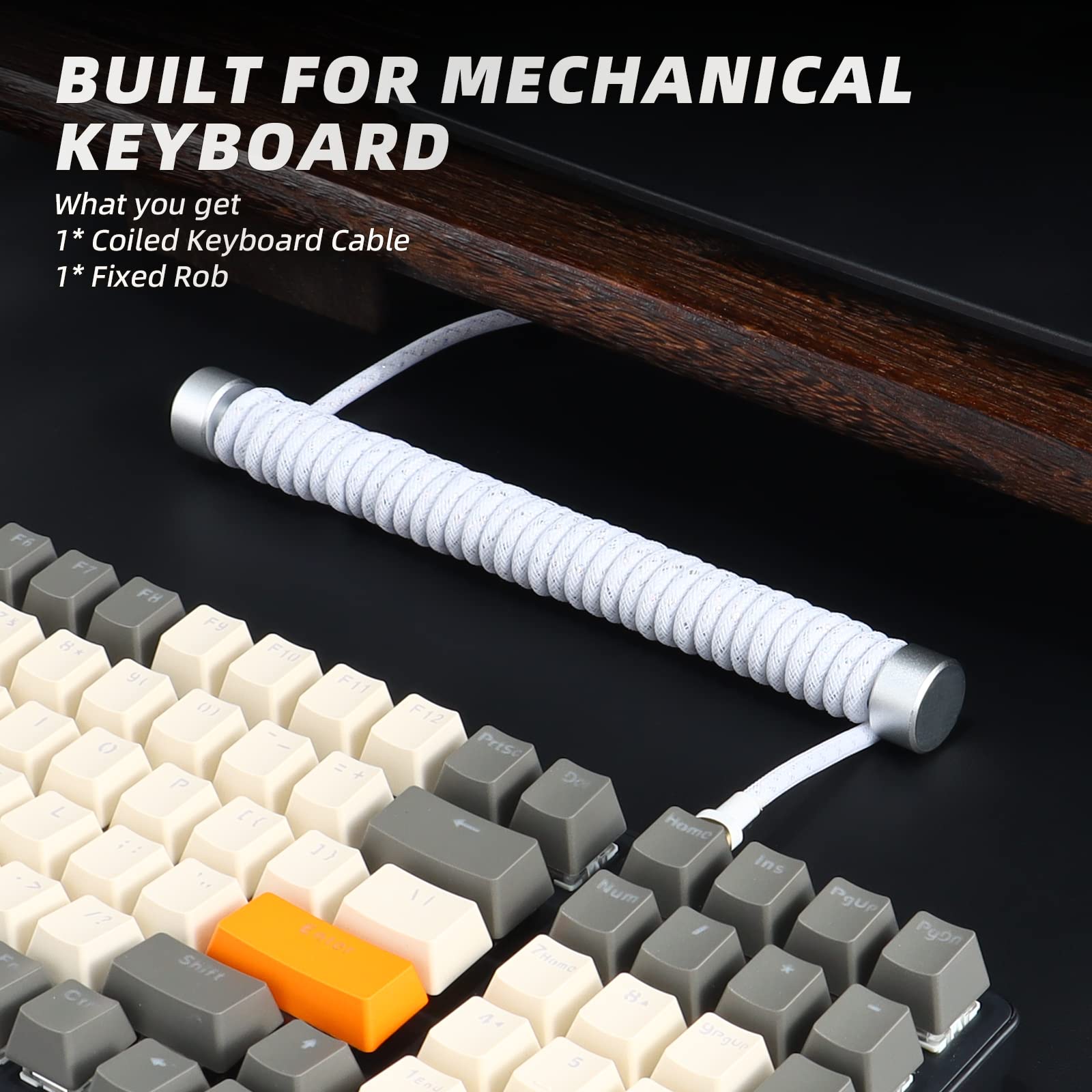 Attack Shark Coiled USB-C Keyboard Cable with Metal Winder - for Gaming & Mechanical Keyboards - White
