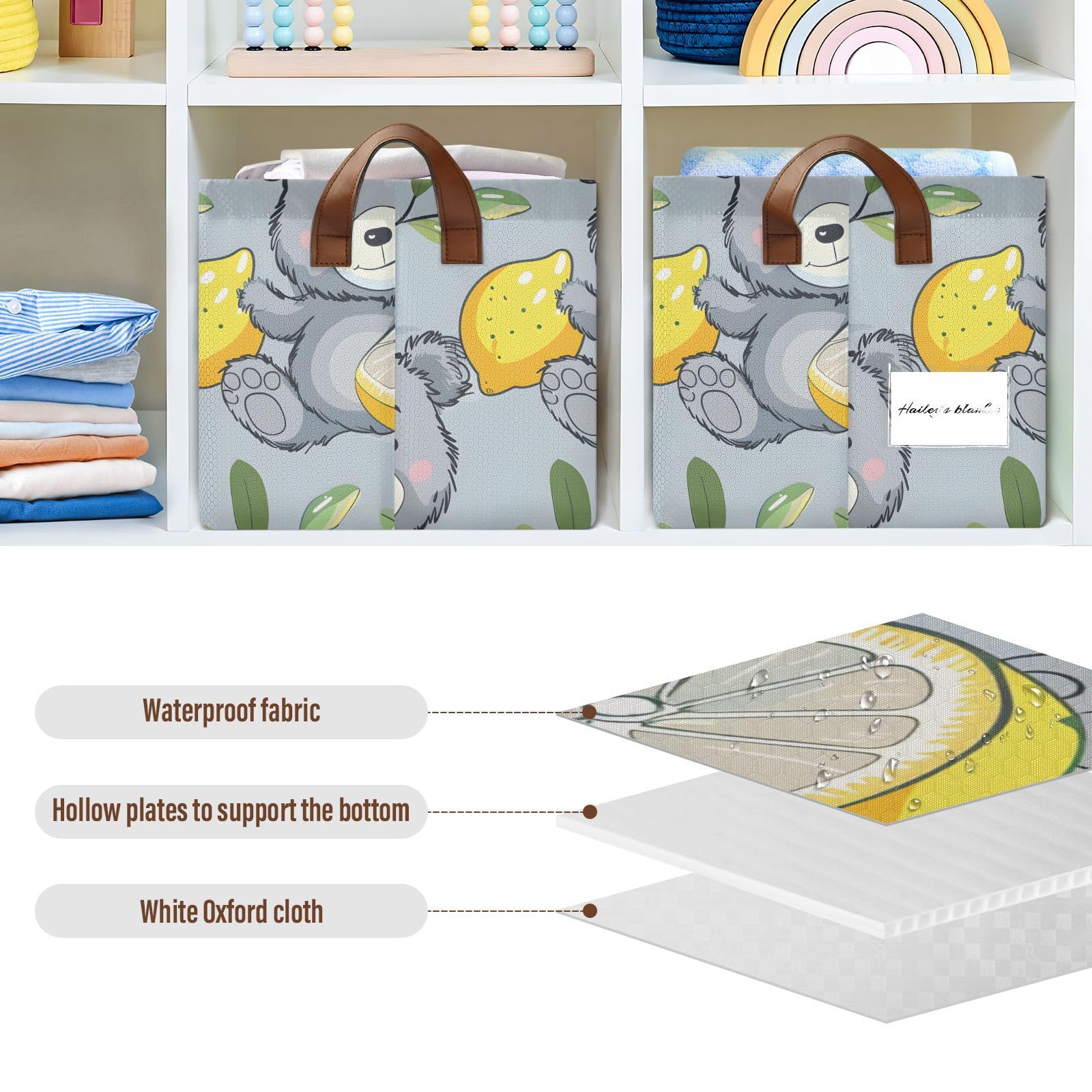 Cartoon Bear Lemon Grey Foldable Storage Baskets - 2 Pack Rectangular Fabric Storage Bins with Handles for Shelves, Closet & Home Organization | Perfect for Kids Room, Nursery & Living Room Decor