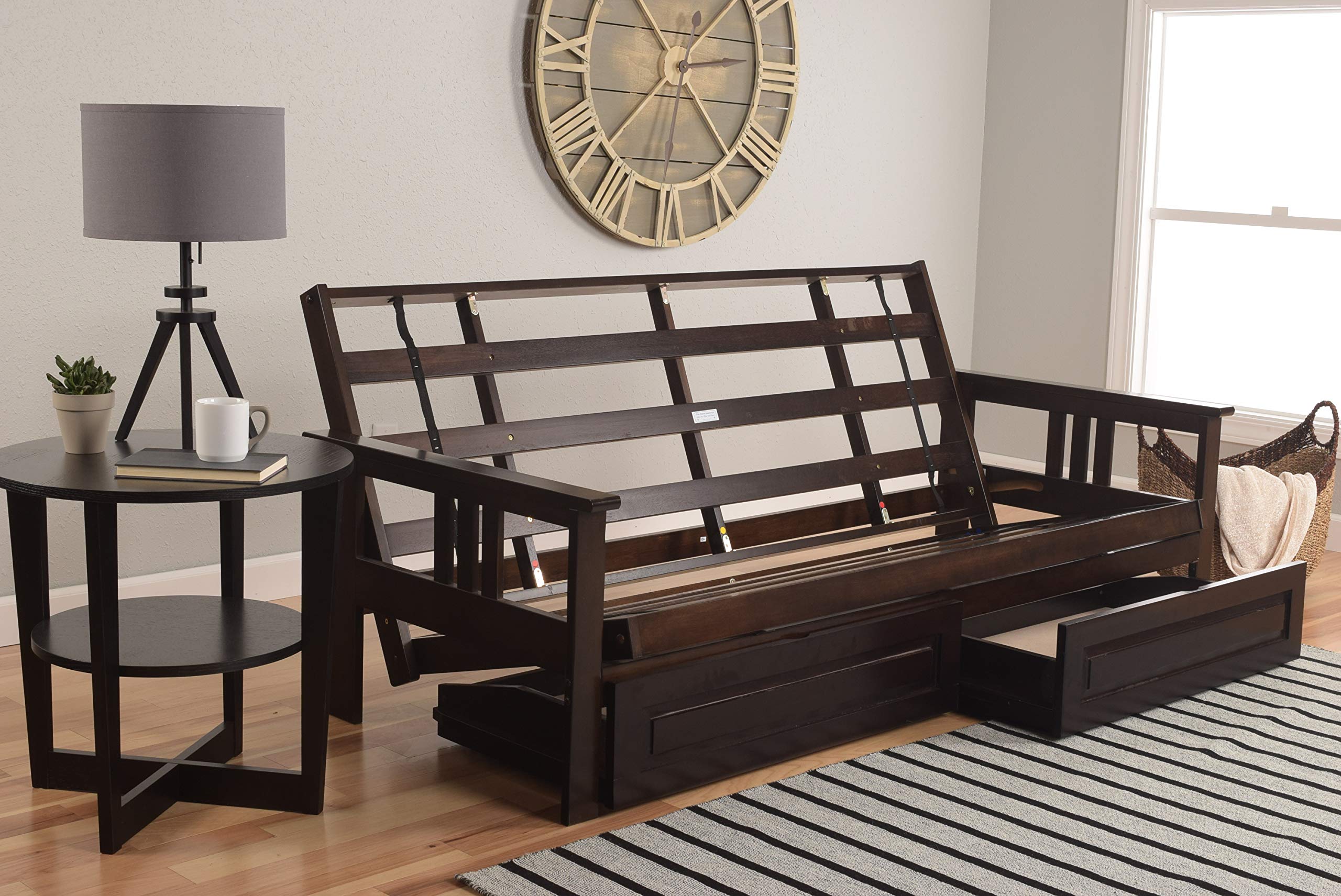 Eldorado Futon Sofa Bed - Full Size with Espresso Finish Frame & Coil Mattress (Peat Mattress, Frame with Drawers) - Perfect for Small Spaces, Guest Rooms & Apartments