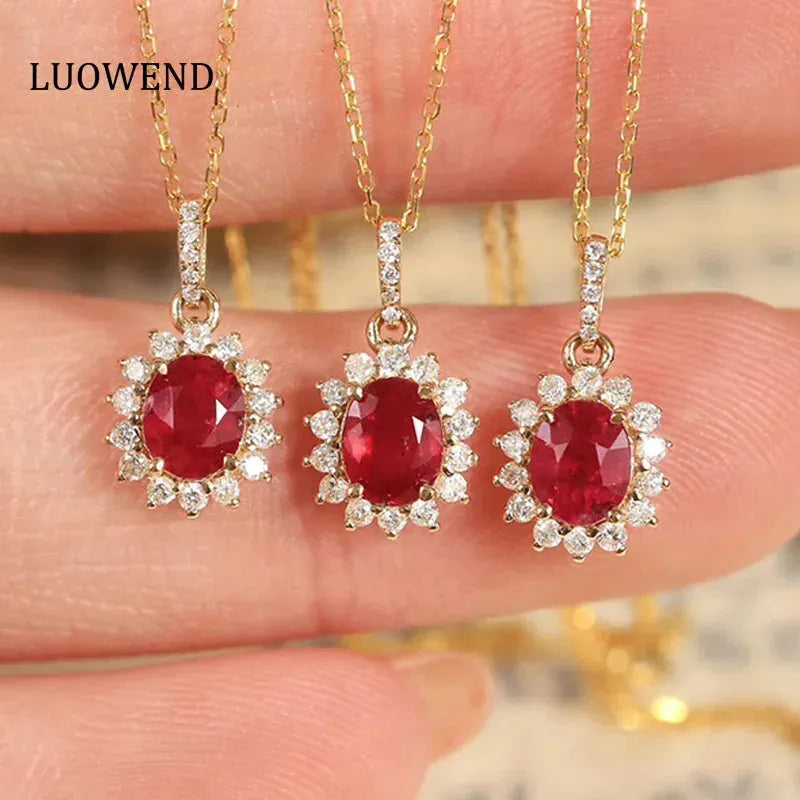 18K Yellow Gold Pendant with Natural Ruby & Diamond Necklace for Women | Elegant Wedding, Engagement & Party Jewelry | Perfect for Anniversary Gifts, Valentine's Day & Special Occasions