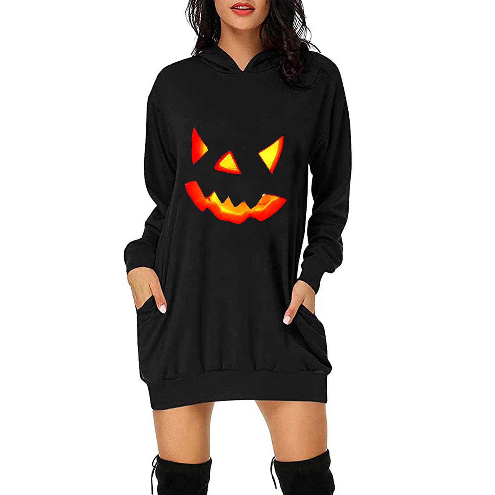 Halloween Women's Hoodie Dress - Printed Pullover Sweatshirt with Spooky Elements, Plus Size Casual Tops for Daily Wear | Perfect for Halloween Parties, Trick-or-Treating & Cozy Fall Outfits