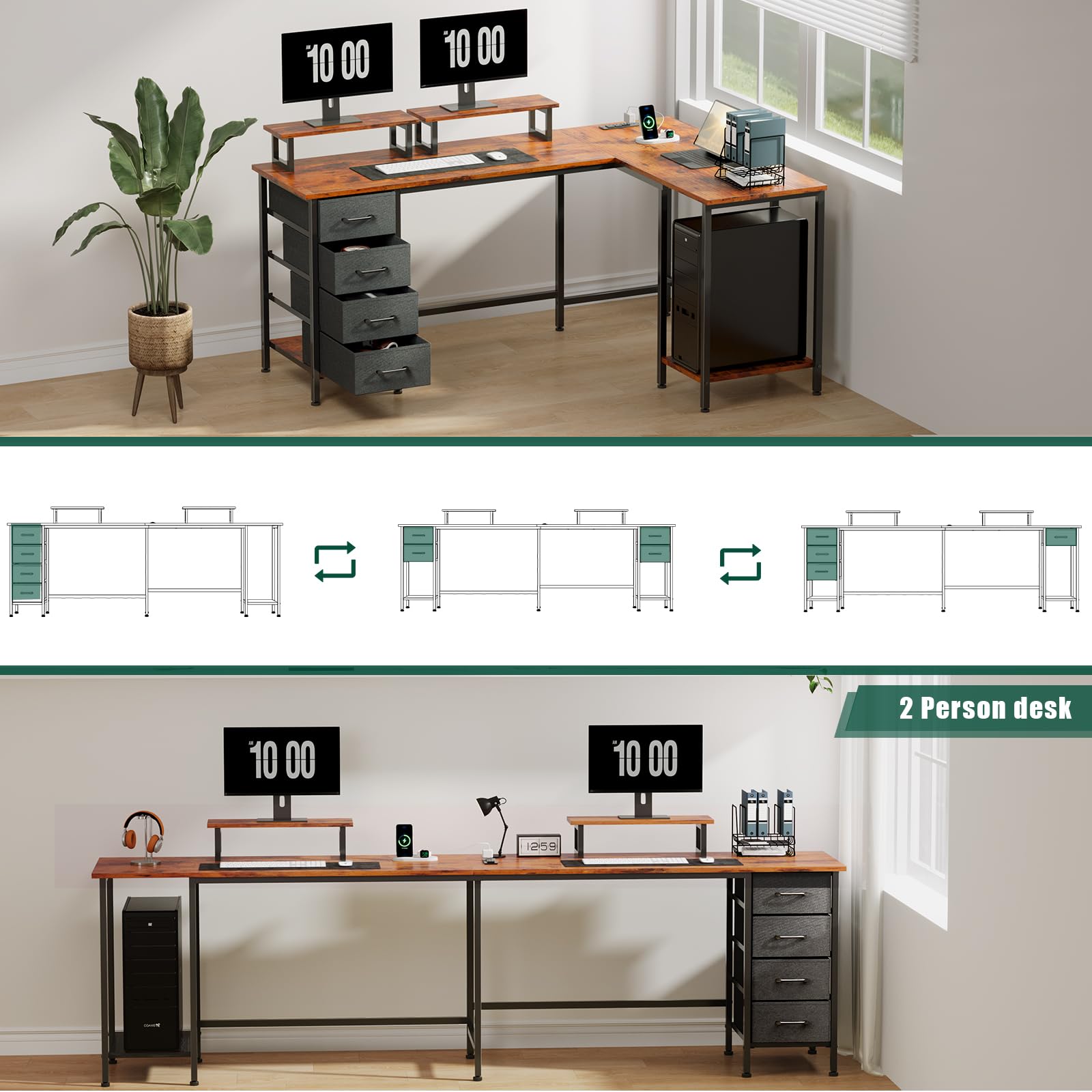 59 Inch L-Shaped Computer Desk with Power Outlets - Home Office Desk with 4 Adjustable Drawers & Dual Monitor Stands, Two-Person Gaming Desk for Bedroom, Rustic Brown - Perfect for Small Spaces & Multi-Monitor Setups