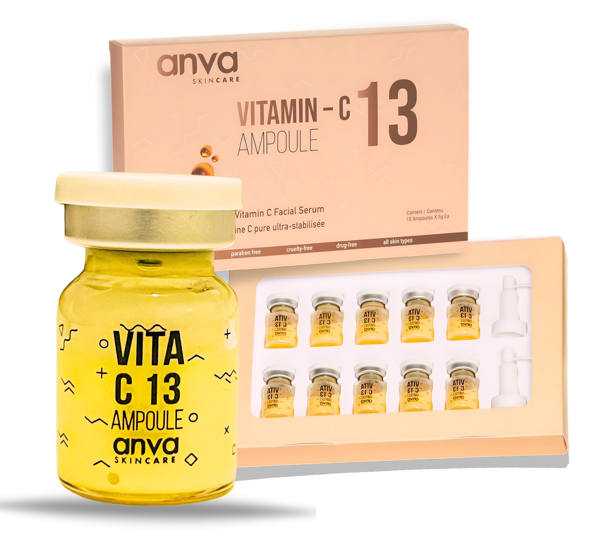 Korean Vitamin C Serum with Glutathione - 13% Highly Stabilized Vitamin C Face Serum for Brightening, Pigmentation, Fine Lines & Wrinkles | 5 X 5ml Ampules (8 Weeks Supply) | Perfect for Daily Skincare Routine & Anti-Aging Treatment