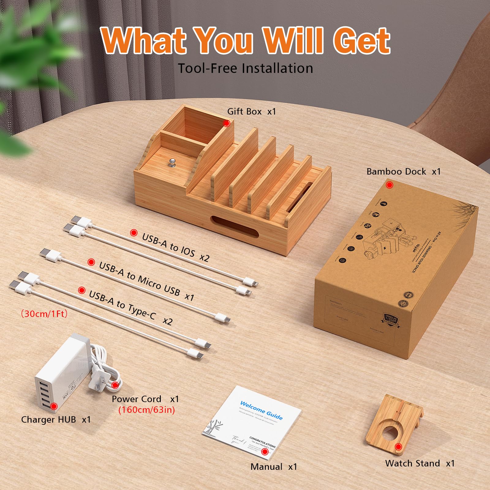 5-Port Bamboo Charging Station for Phones, Tablets & Watches - Office & Home Use