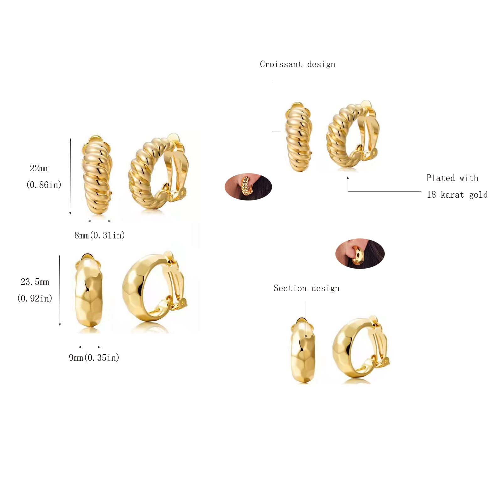 14K Gold Clip-On Hoop Earrings for Women - Hypoallergenic Non-Pierced Croissant Earrings | Perfect for Sensitive Ears, Weddings & Special Occasions