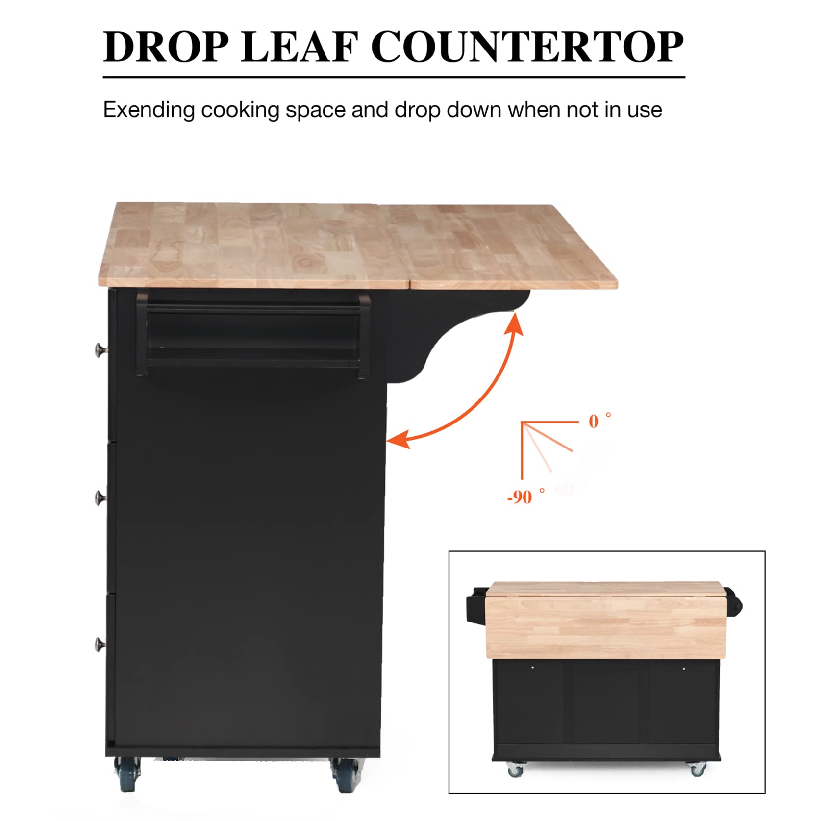 PHI VILLA Black Rolling Kitchen Island with Storage - Portable Drop Leaf Cart for Small Kitchens