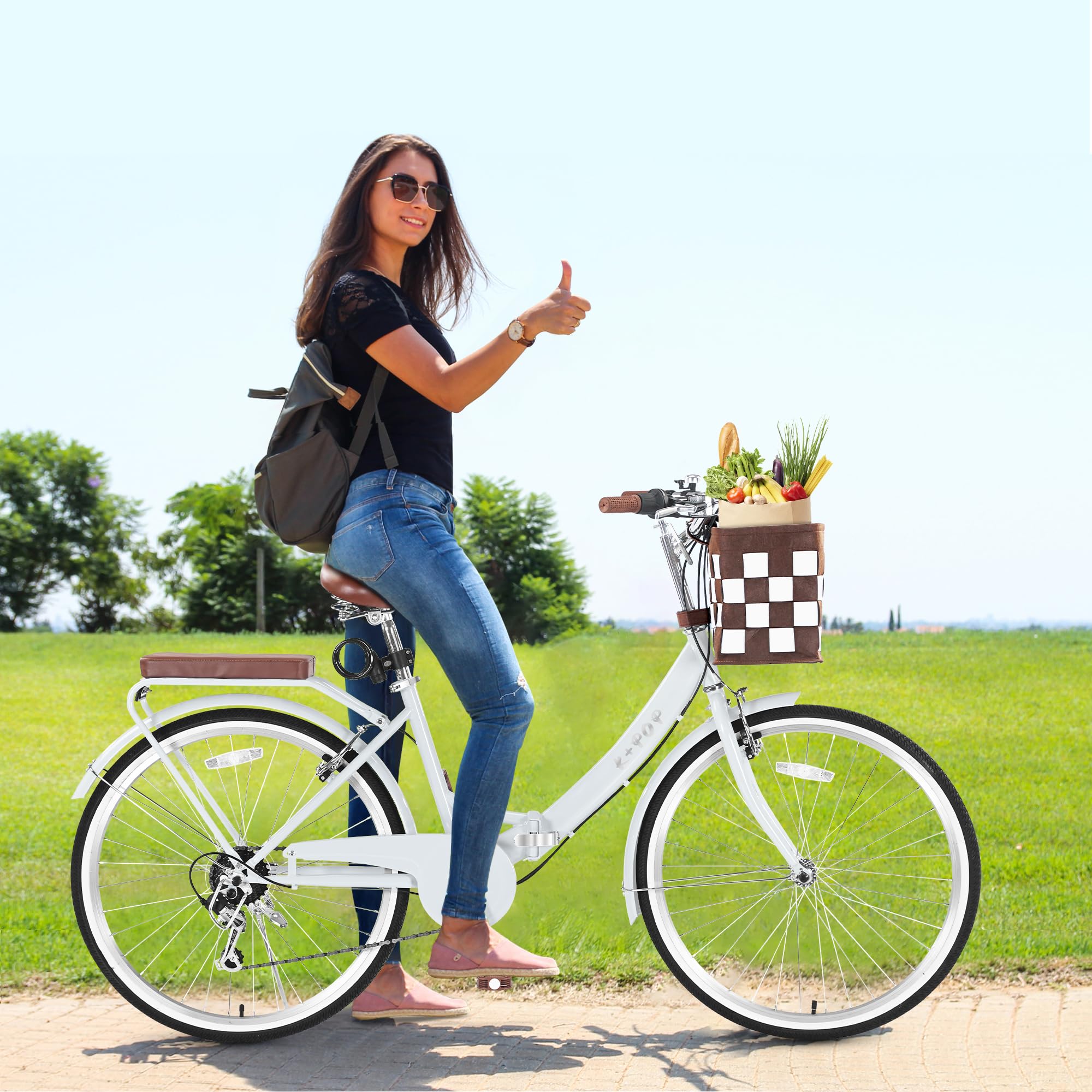 26 Inch Women's Foldable Beach Cruiser Bike - 7 Speed Commuter Bicycle with Basket & Fenders, High-Carbon Steel Frame - Perfect for Seaside Rides, City Commuting & Leisure Cycling