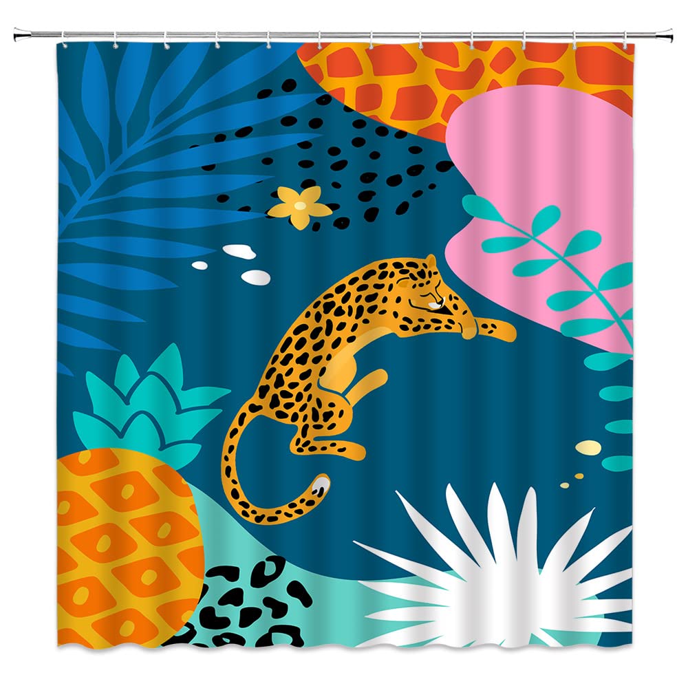 Mid Century Modern Shower Curtain - Wildlife Leopard & Tropical Palm Leaf Abstract Design, Terracotta Minimalist Aesthetic with Monstera Leaves & Geometric Stripe Boho Art - 100% Polyester Fabric Bathroom Decor with Hooks - Perfect for Boho, Tropical, or Minimalist Bathroom Themes