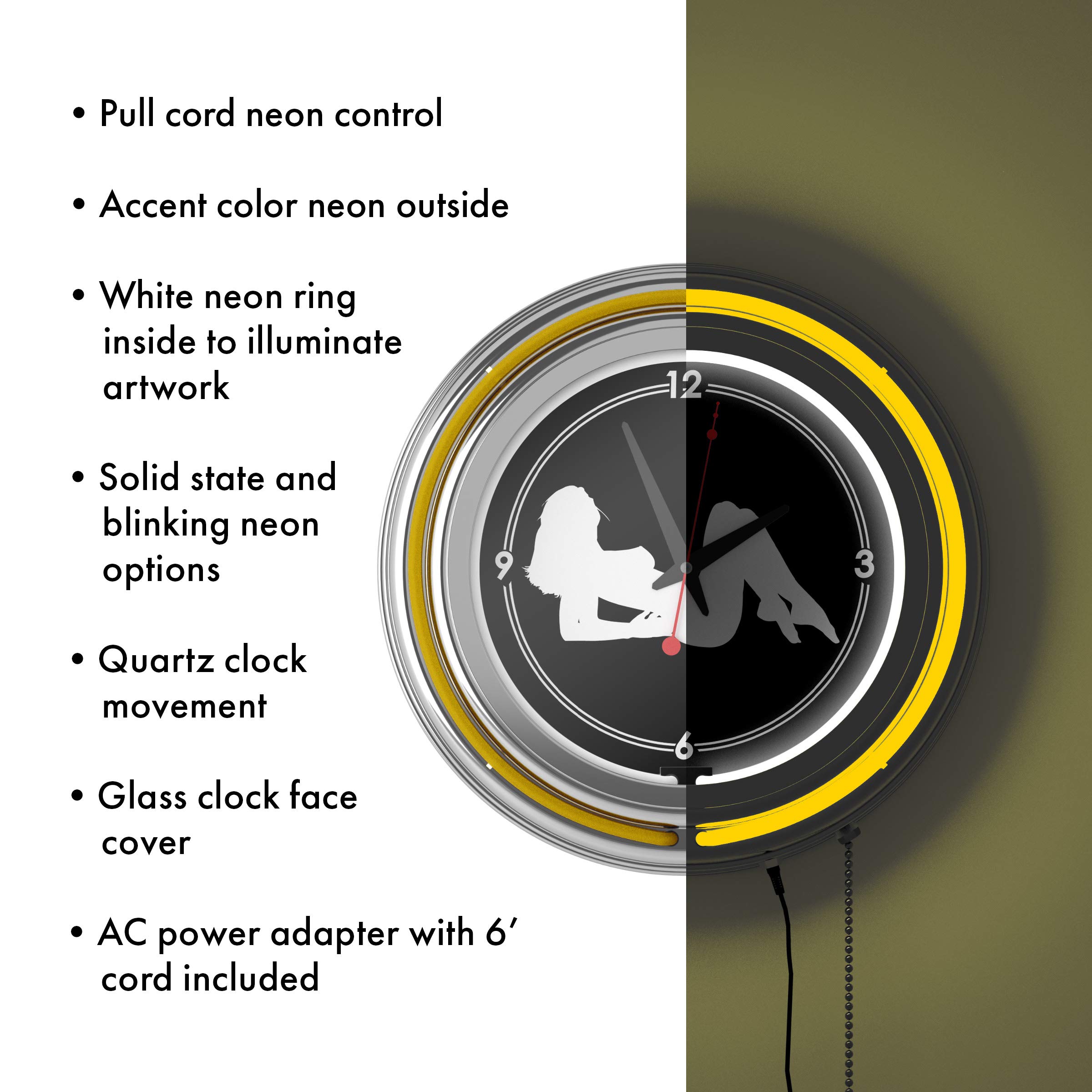Shadow Babes Series - Yellow Neon Ring Clock with Dual Illumination - Perfect for Bedroom, Gaming Room & Retro Decor