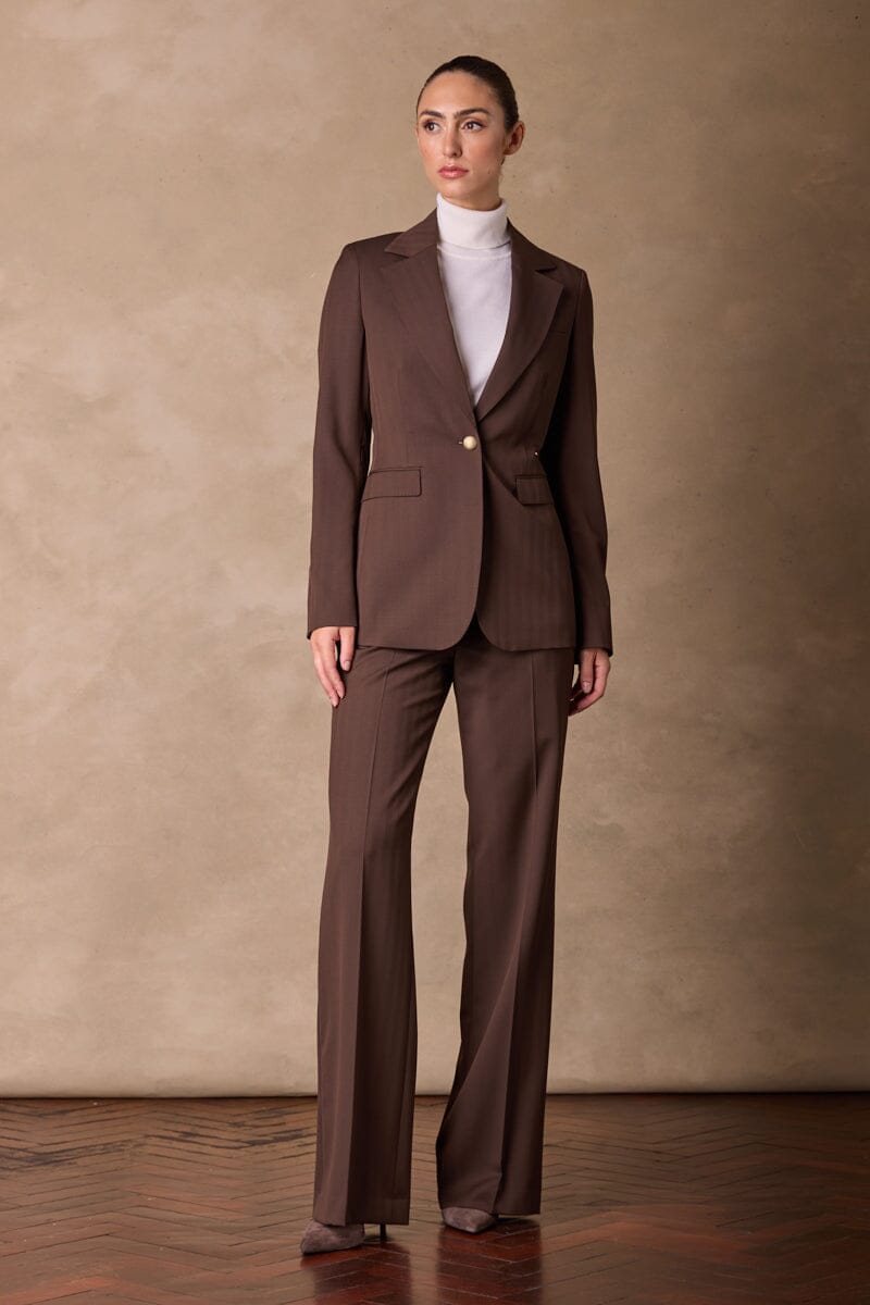 Lily Long Line Blazer & Laura Suit Set in Chocolate Herringbone Pattern - Perfect for Office Wear, Business Meetings, and Professional Women's Fashion