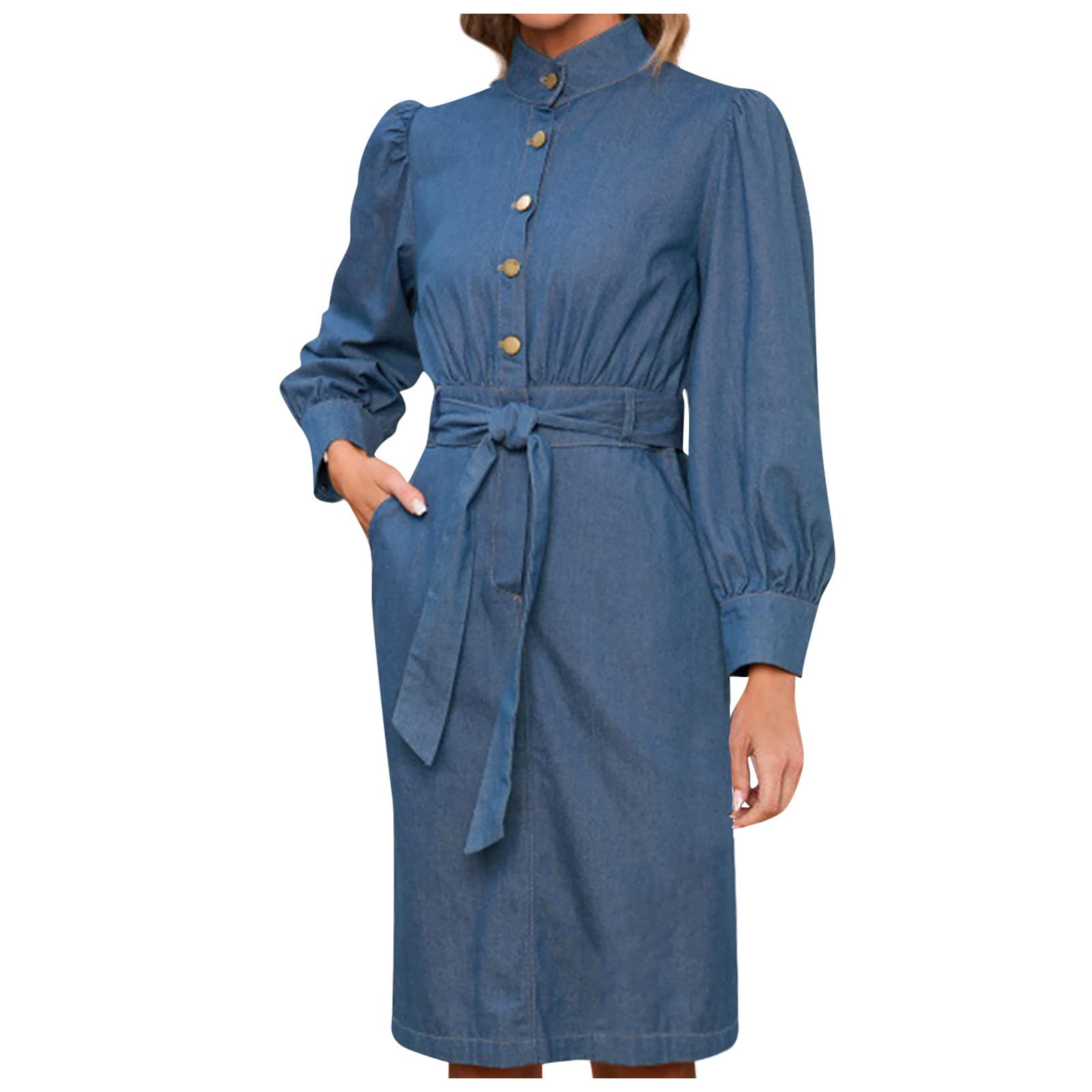 QUFECH Women's Vintage Denim Mini Dress - Summer Casual Long Sleeve Standing Collar Maxi Dress for Date Night, Beach Outings & Street Style Fashion