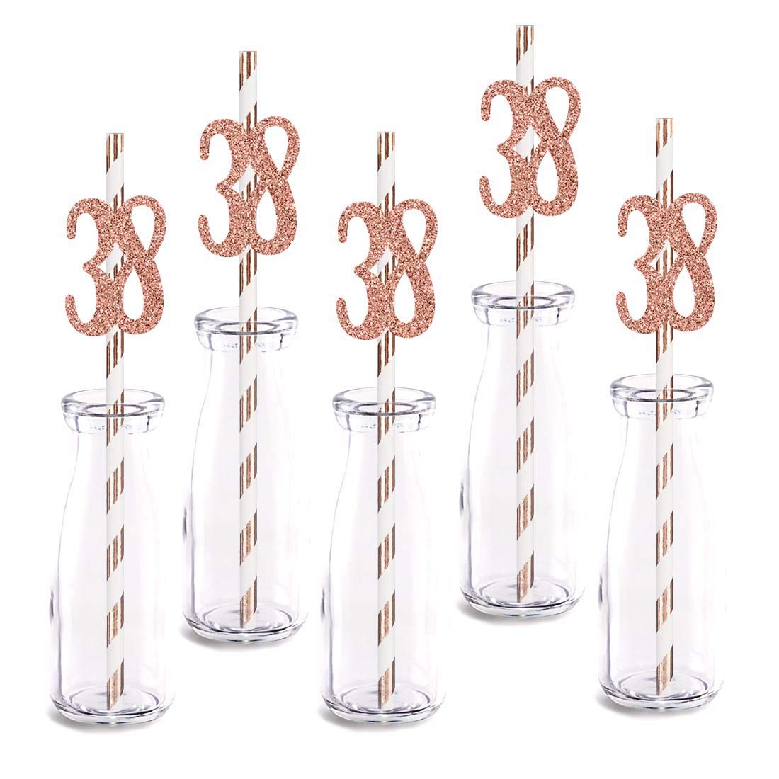 Rose Gold Glitter 38th Birthday Party Straws - 24pcs Happy Birthday Drinking Decorations with Cut-Out Number 38 for Women's Birthday Celebrations, Bridal Showers & Anniversary Parties