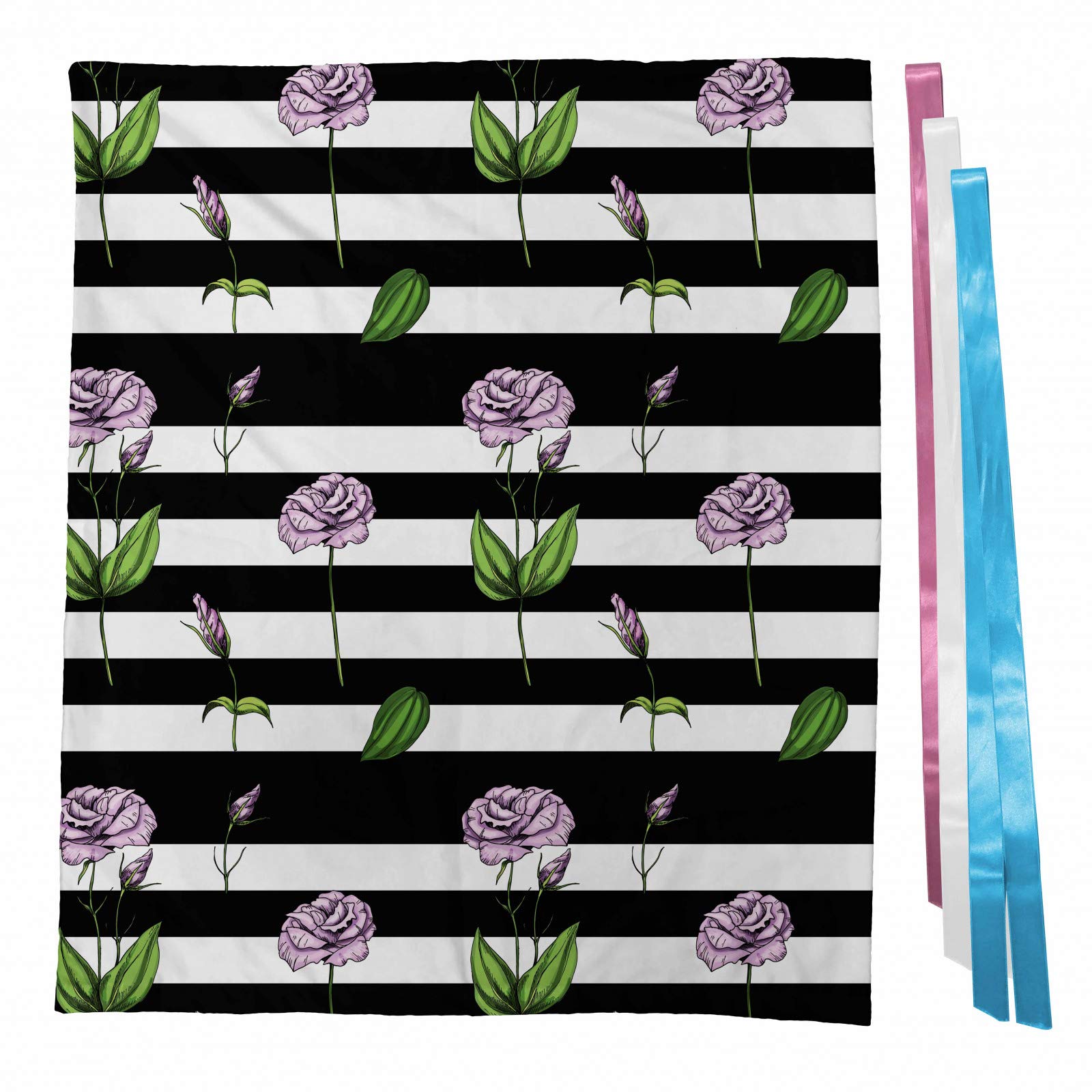 Ambesonne Rose Gift Bag - Pink Floral Design with Black & White Stripes, Fabric Party Favor Pouch with 3 Ribbons (27