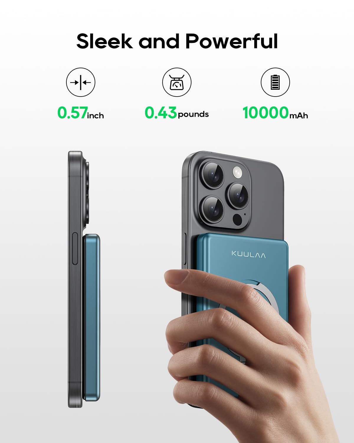 Kuulaa 10000mAh Magnetic Power Bank with LED Display & Stand - PD 20W Fast Charging, Ultra Slim Portable Charger for iPhone 15/14/13/12 Series, Magsafe Wireless Charger Battery Pack (Green) | Perfect for Travel, Work & Outdoor Adventures