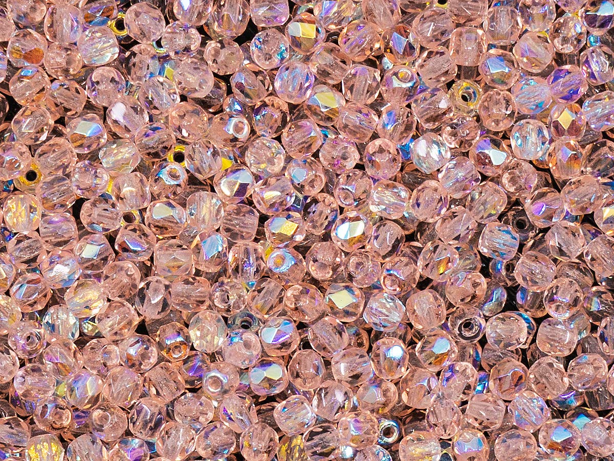 Czech Fire-Polished Glass Beads Set - Round 3mm & 6mm Sizes in Crystal AB & Rosaline AB (300pcs) | Jewelry Making Kit for Necklaces, Bracelets & DIY Crafts