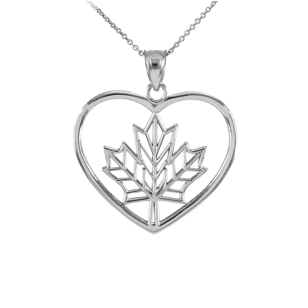 10K White Gold Filigree Canadian Maple Leaf Charm Open Heart Pendant Necklace for Women - Elegant Jewelry Gift for Anniversary, Birthday & Special Occasions